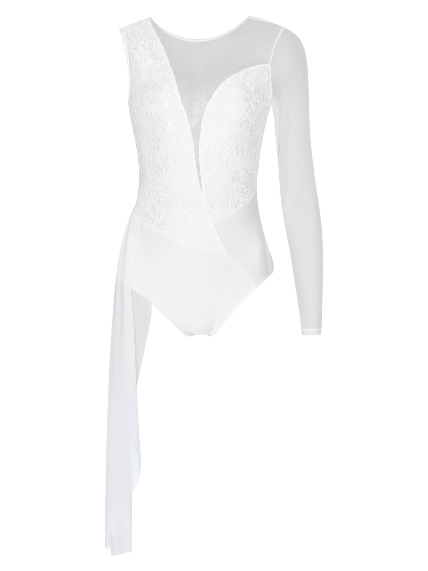 Women One Long Sleeve Floral Lace Deep V Back Lyrical Dance Leotard