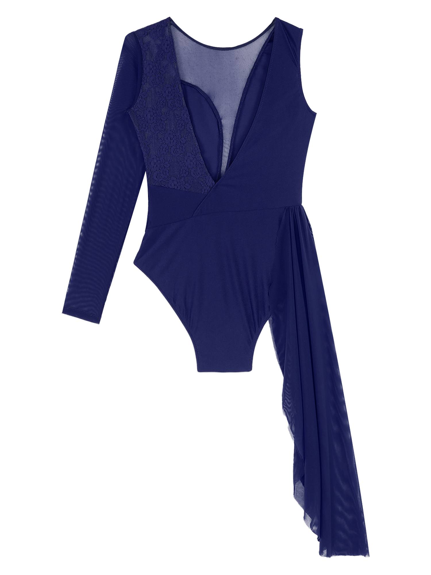 Women One Long Sleeve Floral Lace Deep V Back Lyrical Dance Leotard