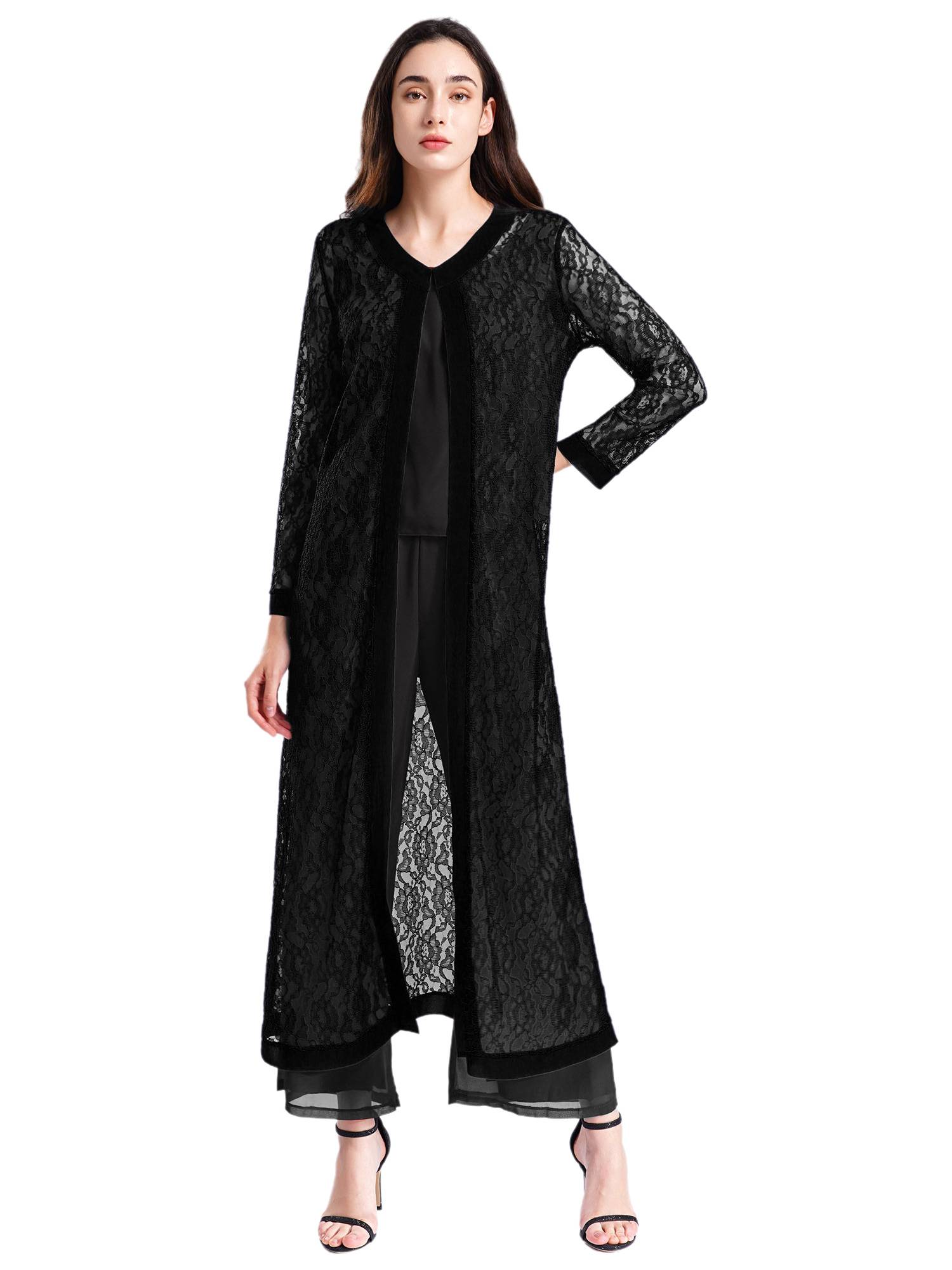 Women Long Sleeve Open Front Floral Lace Long Cardigan for Evening Party