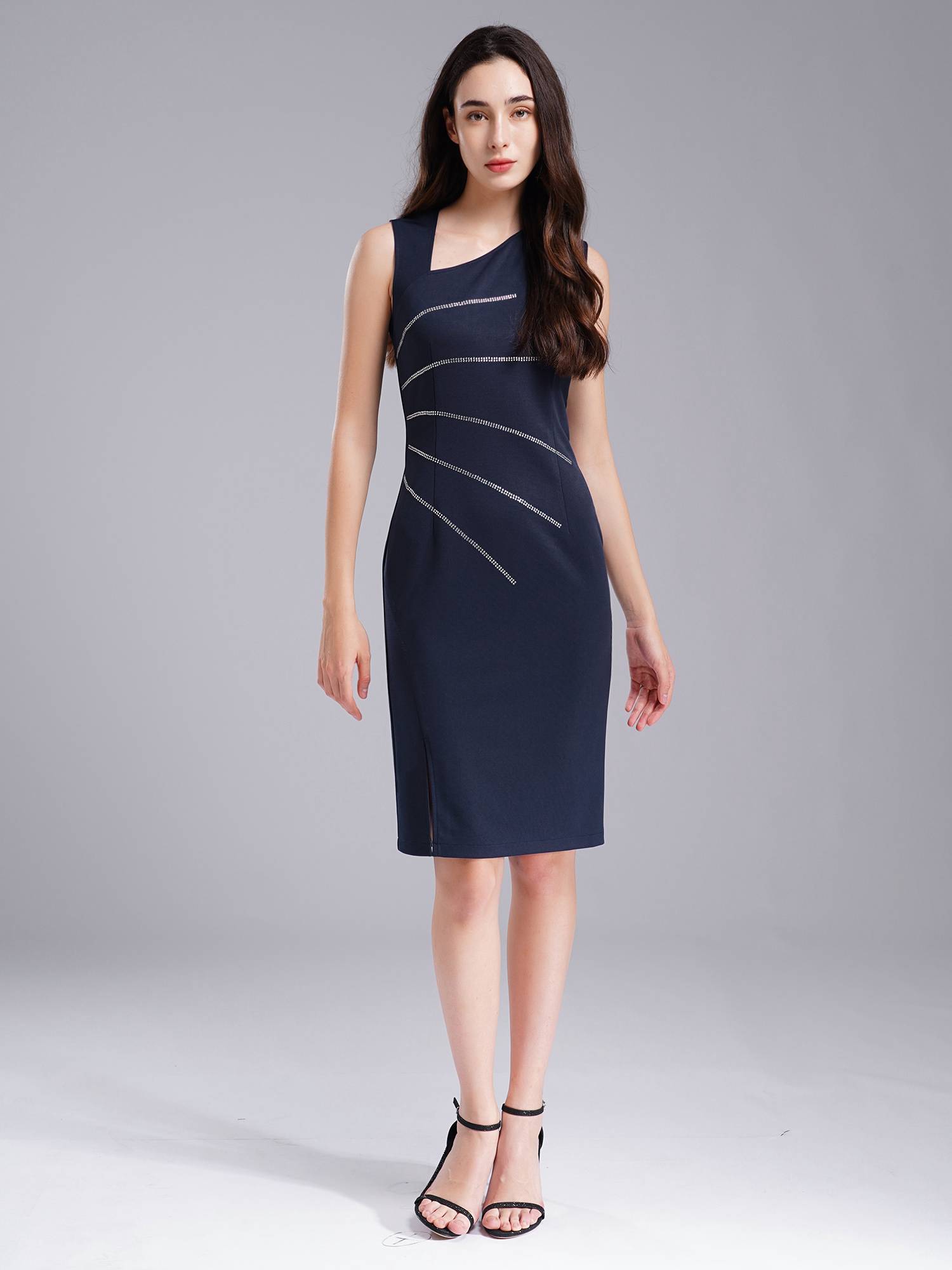 Women Pencil Dress Rhinestones Decor Slim Fit Tank Dress