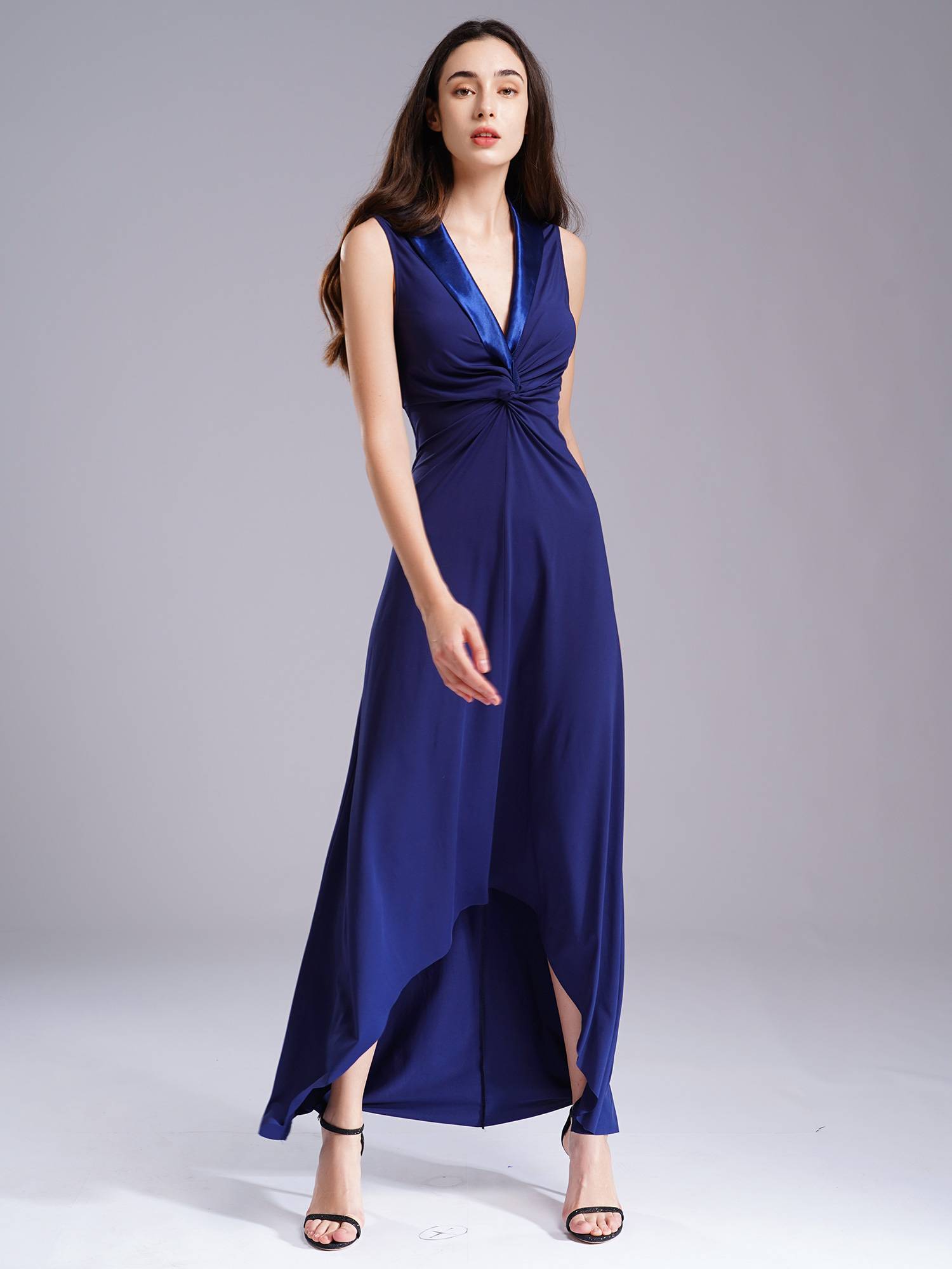 Women Cocktail Dress V Neck Sleeveless High-Low Maxi Dress