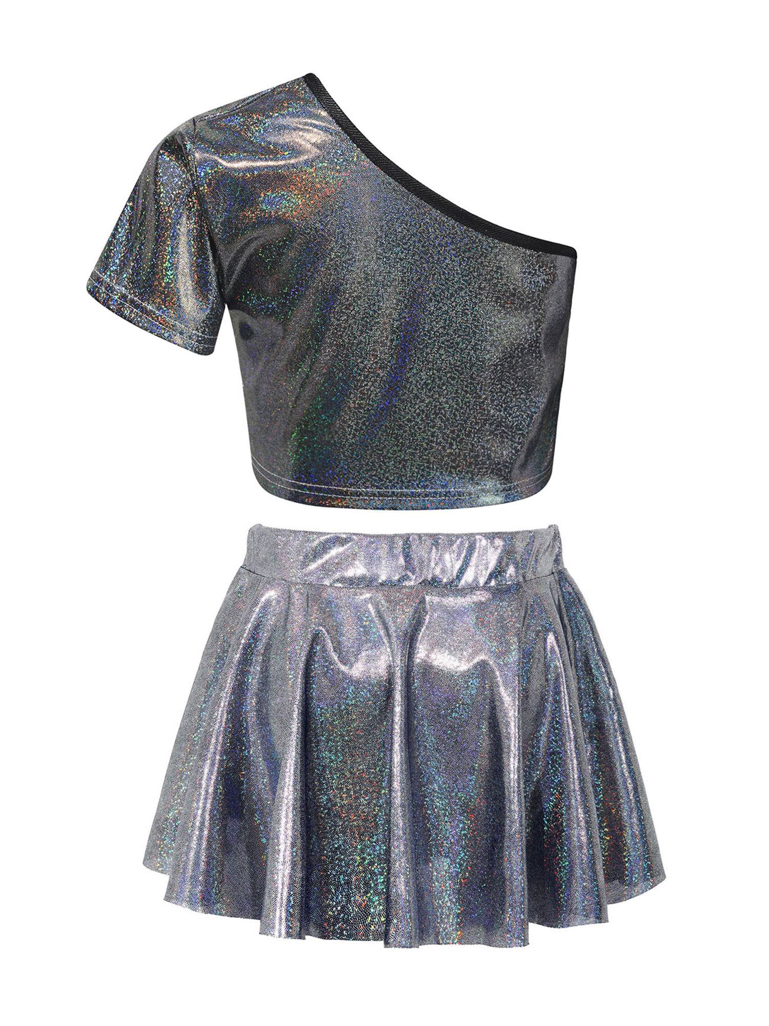 Kids Girls One Shoulder Short Sleeve Metallic Crop Top and Skirt Jazz Dance Set