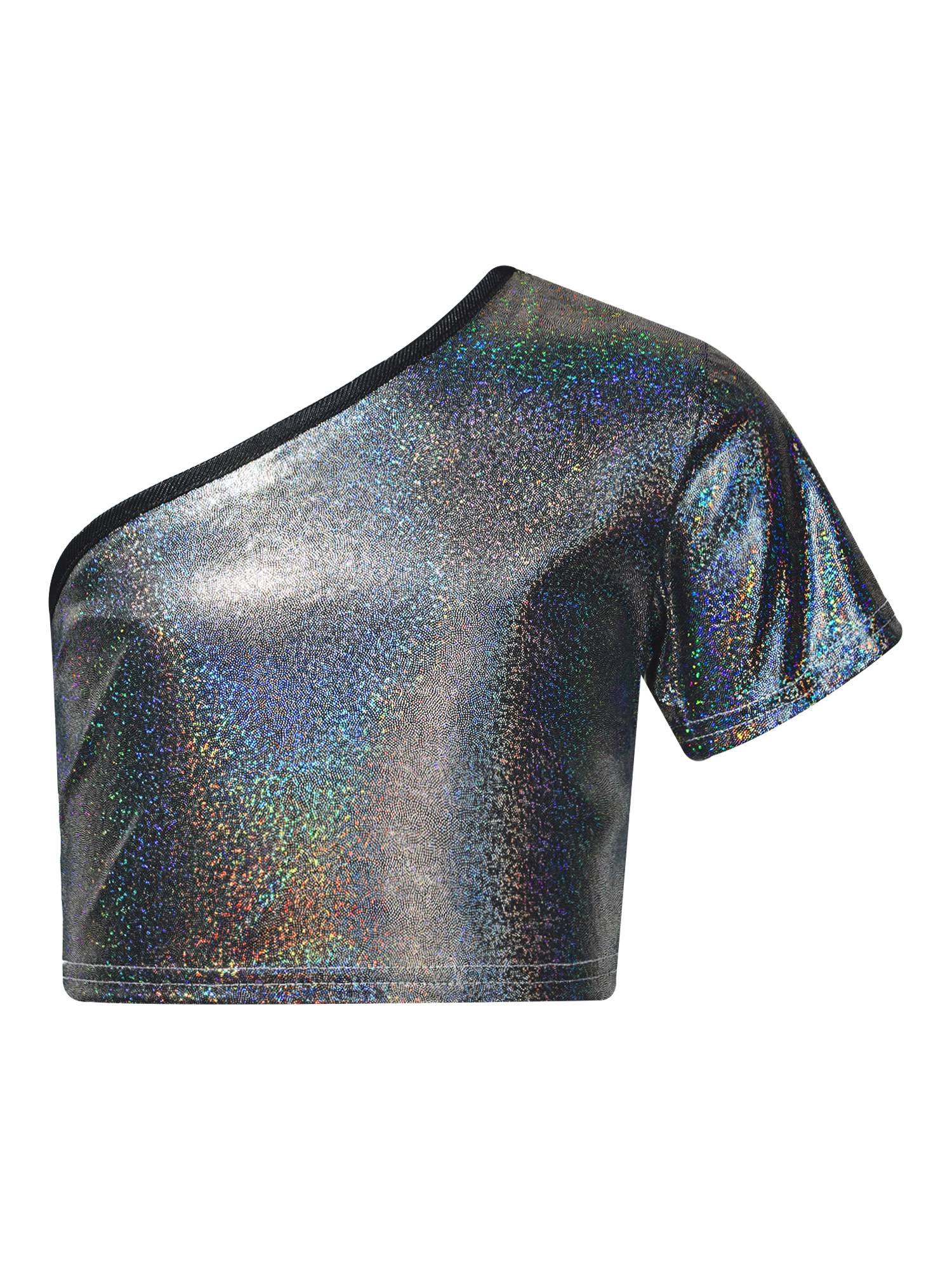 Kids Girls One Shoulder Short Sleeve Metallic Crop Top and Skirt Jazz Dance Set