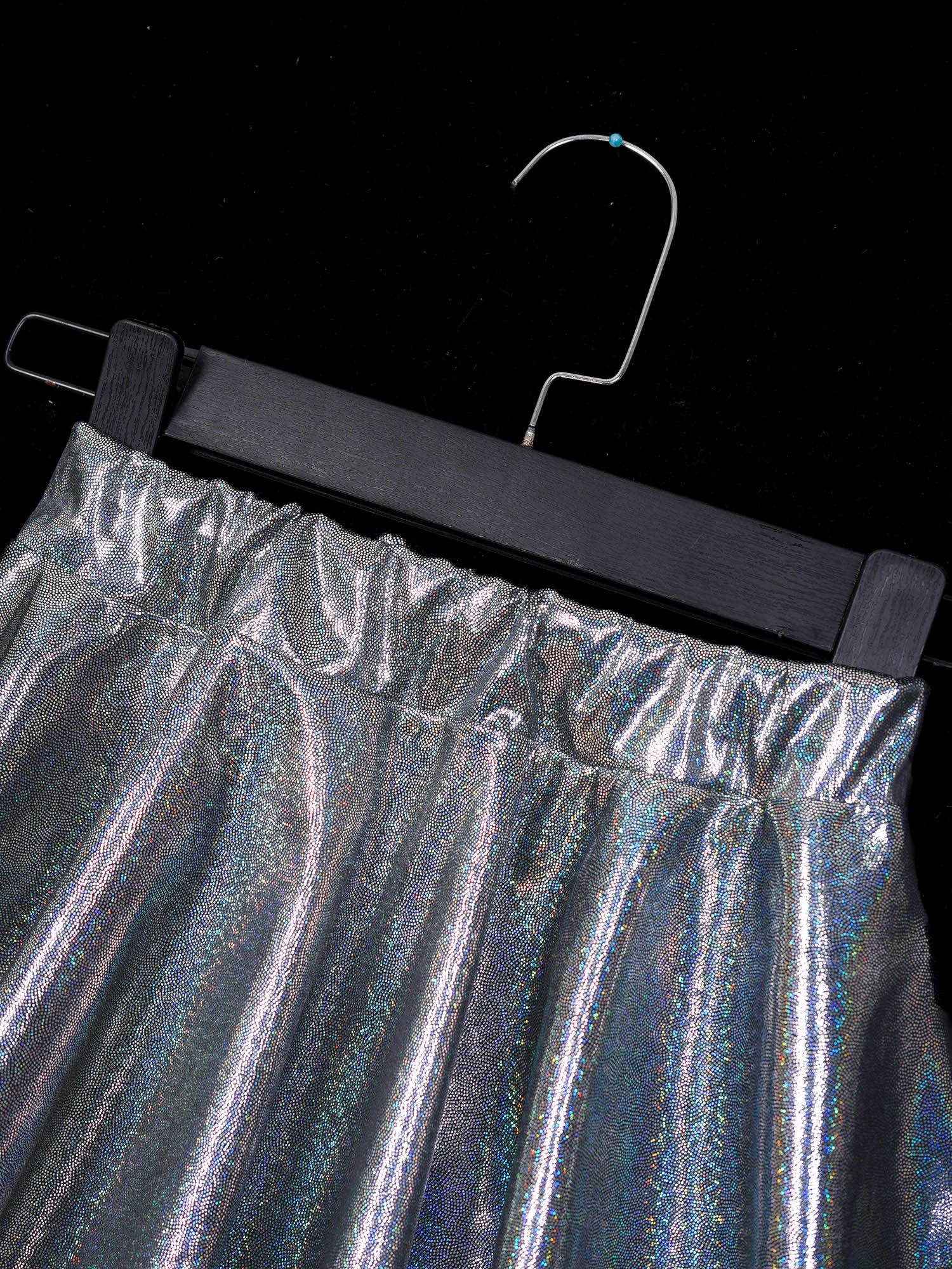 Kids Girls One Shoulder Short Sleeve Metallic Crop Top and Skirt Jazz Dance Set