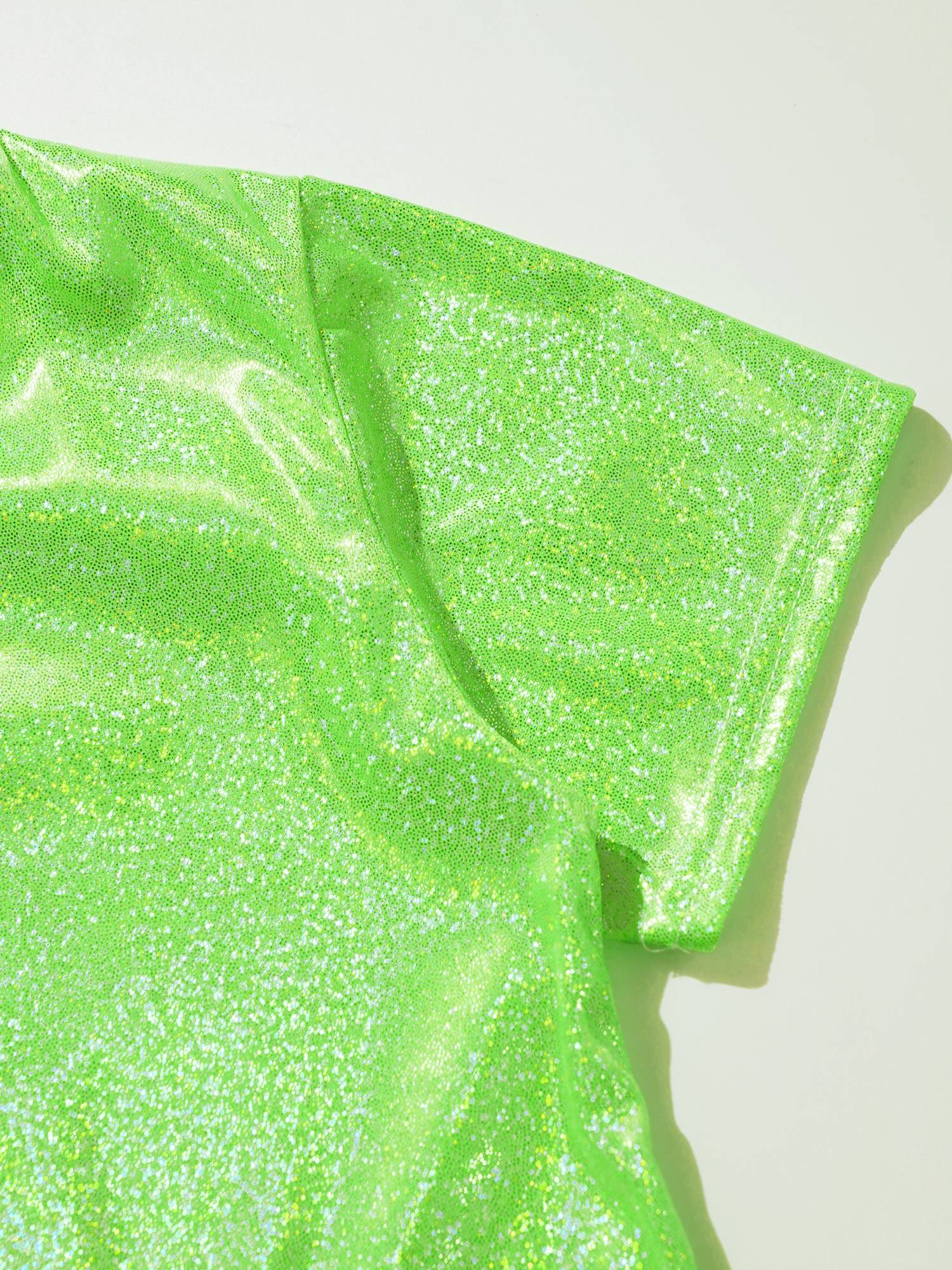 Kids Girls One Shoulder Short Sleeve Metallic Crop Top and Skirt Jazz Dance Set