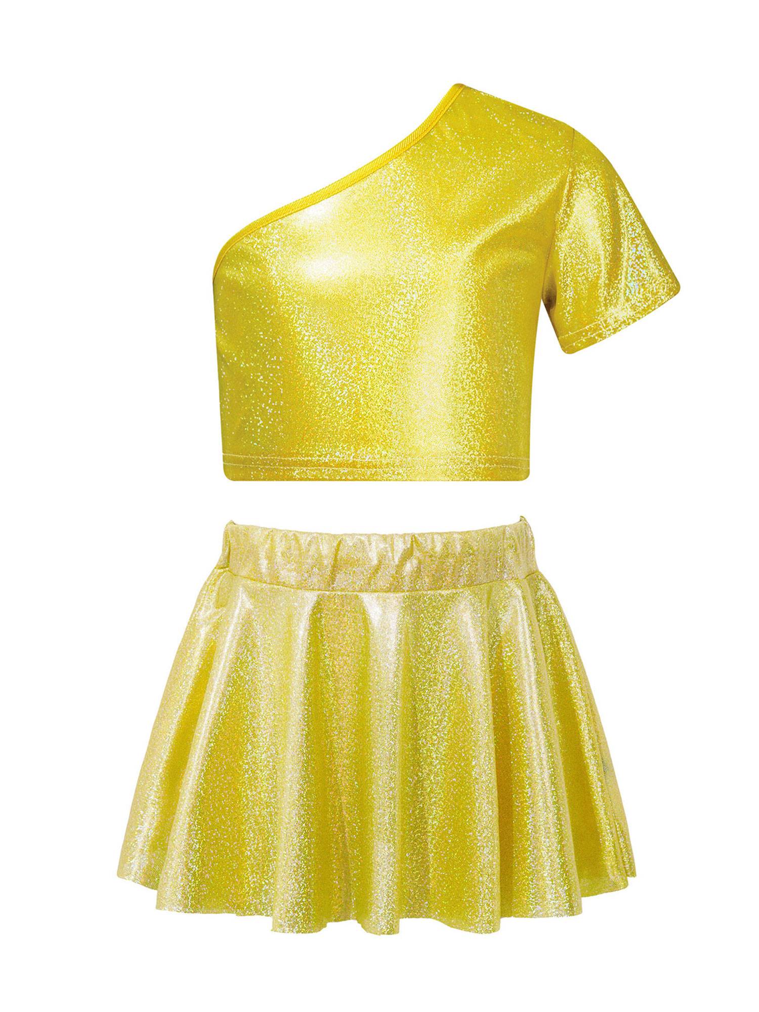 Kids Girls One Shoulder Short Sleeve Metallic Crop Top and Skirt Jazz Dance Set