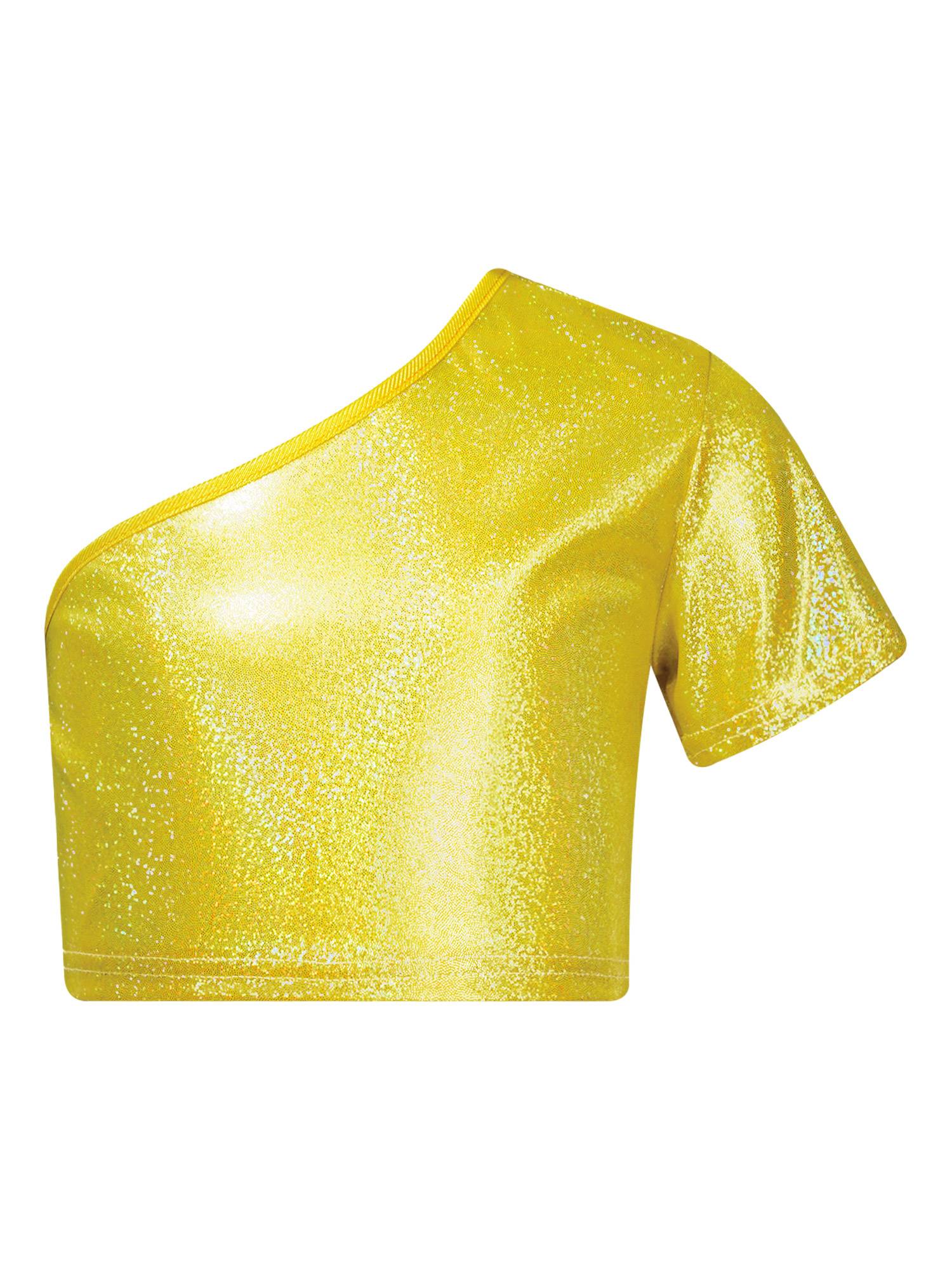 Kids Girls One Shoulder Short Sleeve Metallic Crop Top and Skirt Jazz Dance Set