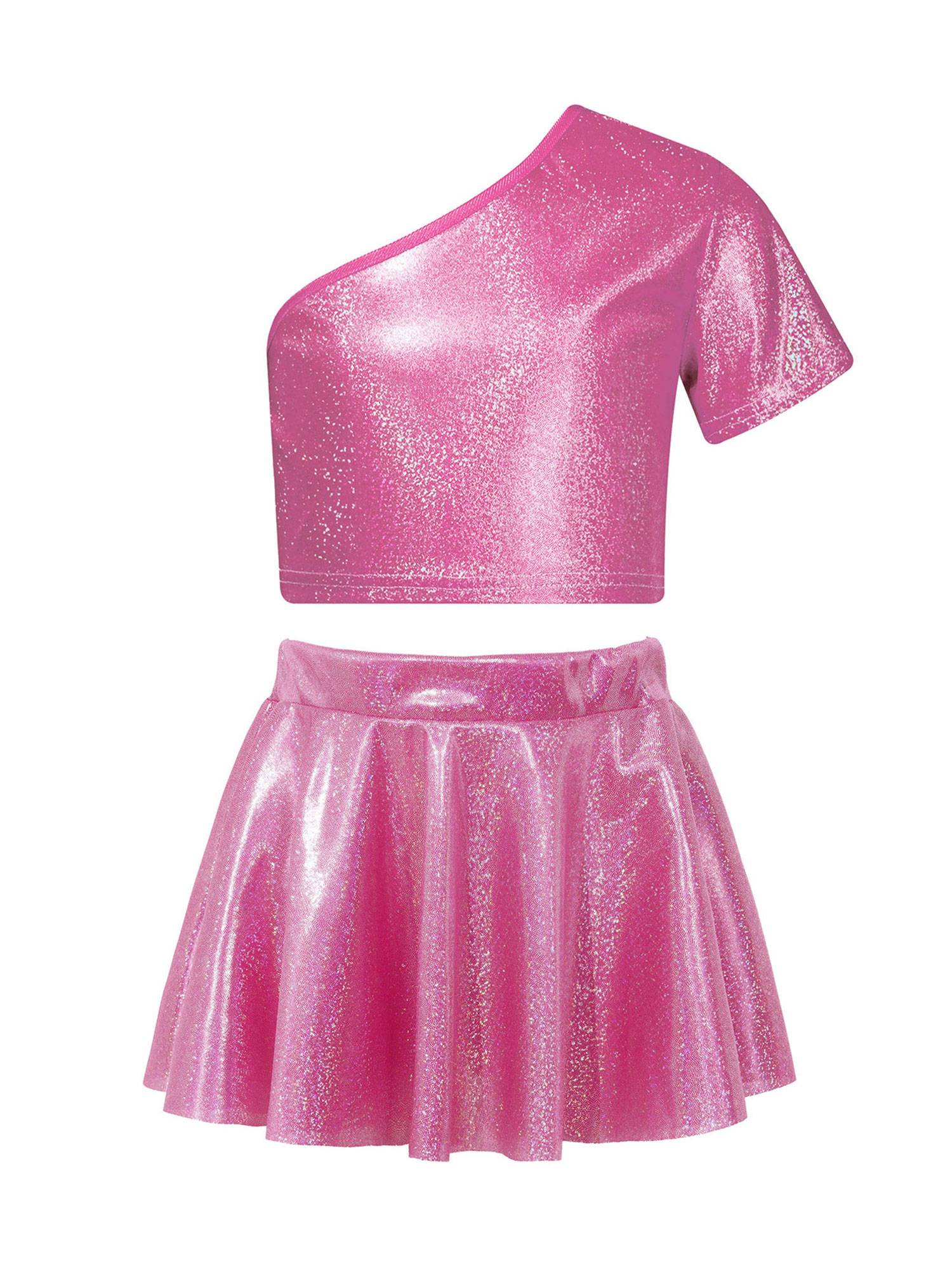 Kids Girls One Shoulder Short Sleeve Metallic Crop Top and Skirt Jazz Dance Set