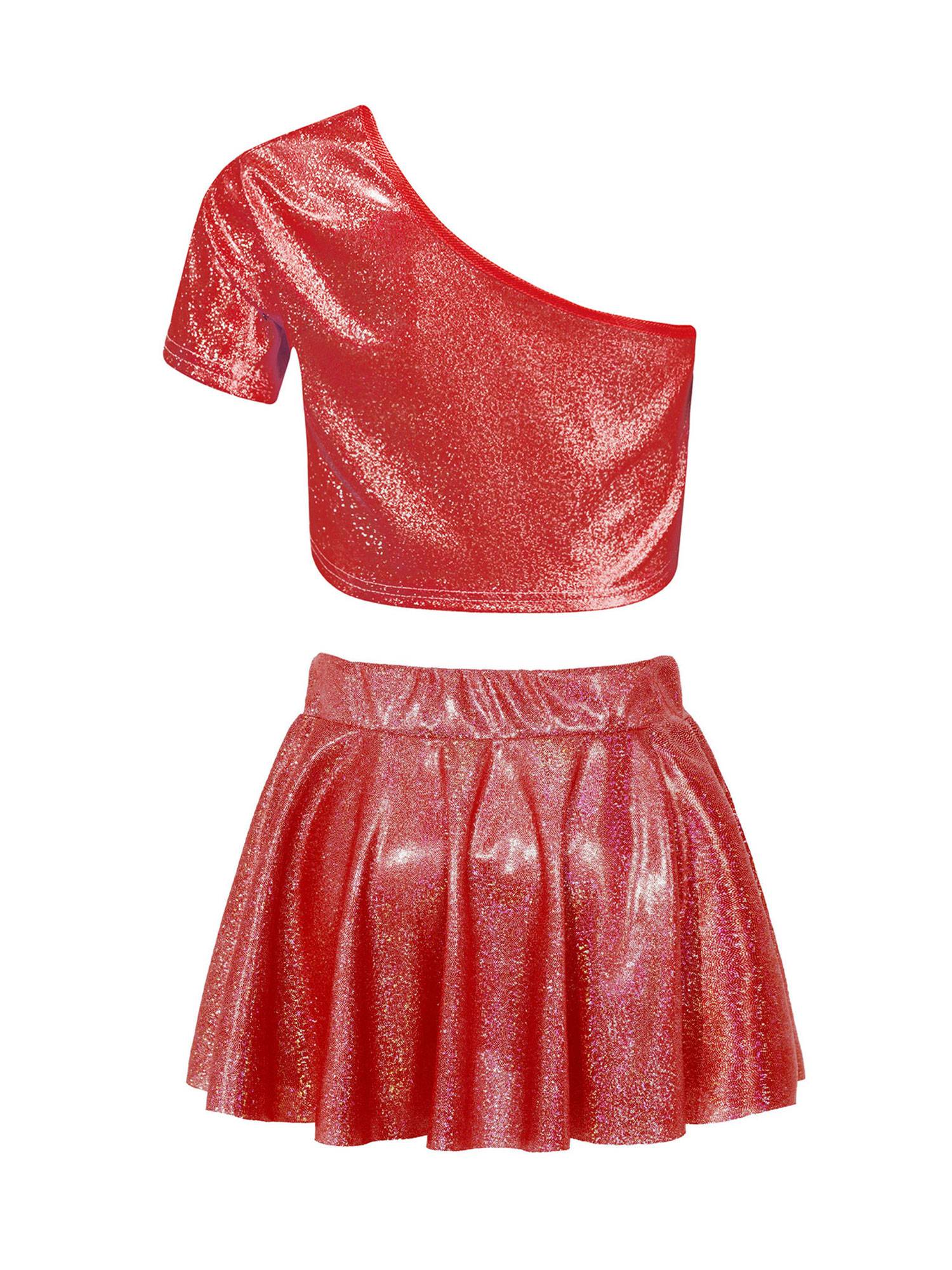Kids Girls One Shoulder Short Sleeve Metallic Crop Top and Skirt Jazz Dance Set
