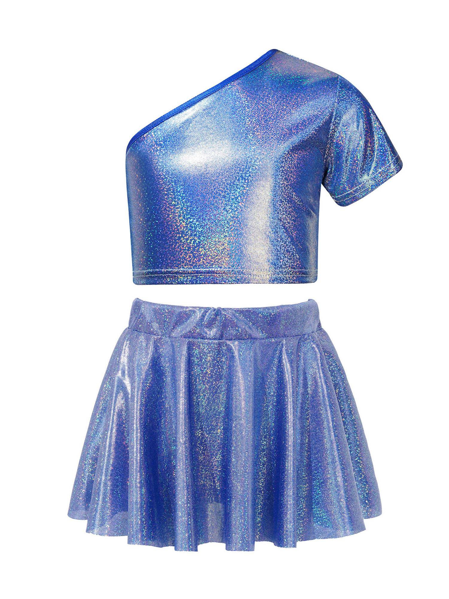 Kids Girls One Shoulder Short Sleeve Metallic Crop Top and Skirt Jazz Dance Set