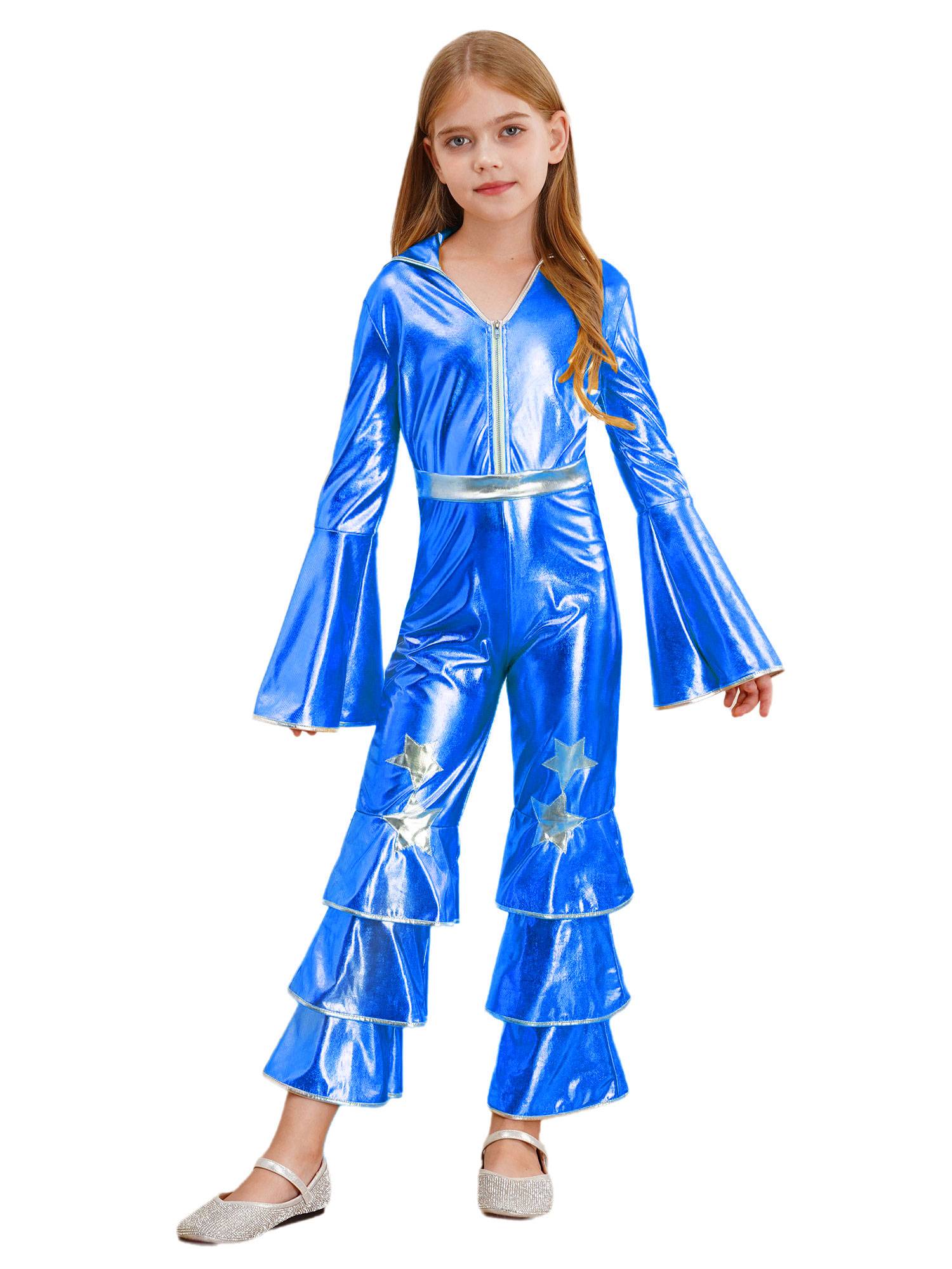 Kids Girls 70s Disco Costume Long Sleeve Bell Bottom Zipper Jumpsuit