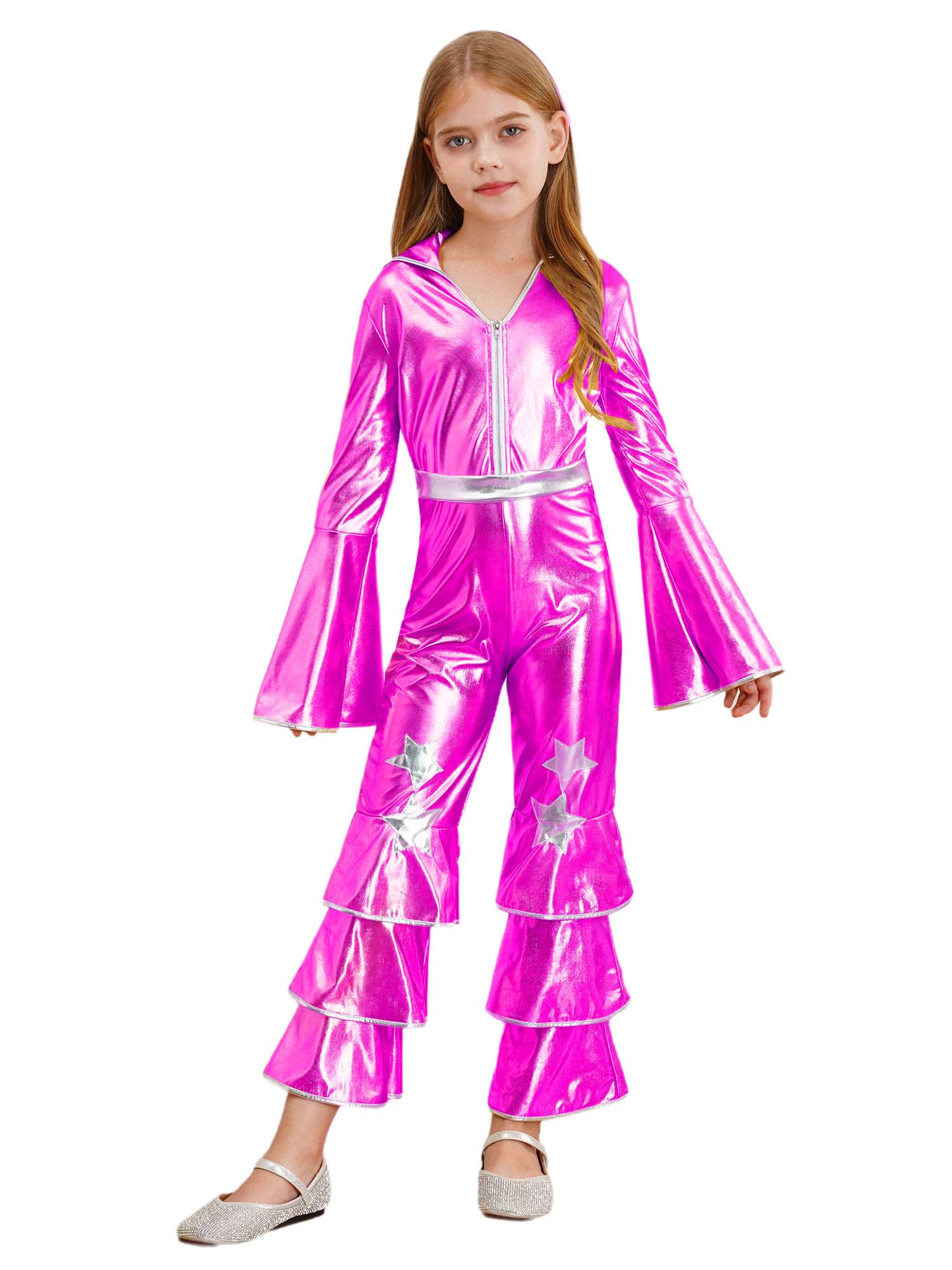 Kids Girls 70s Disco Costume Long Sleeve Bell Bottom Zipper Jumpsuit