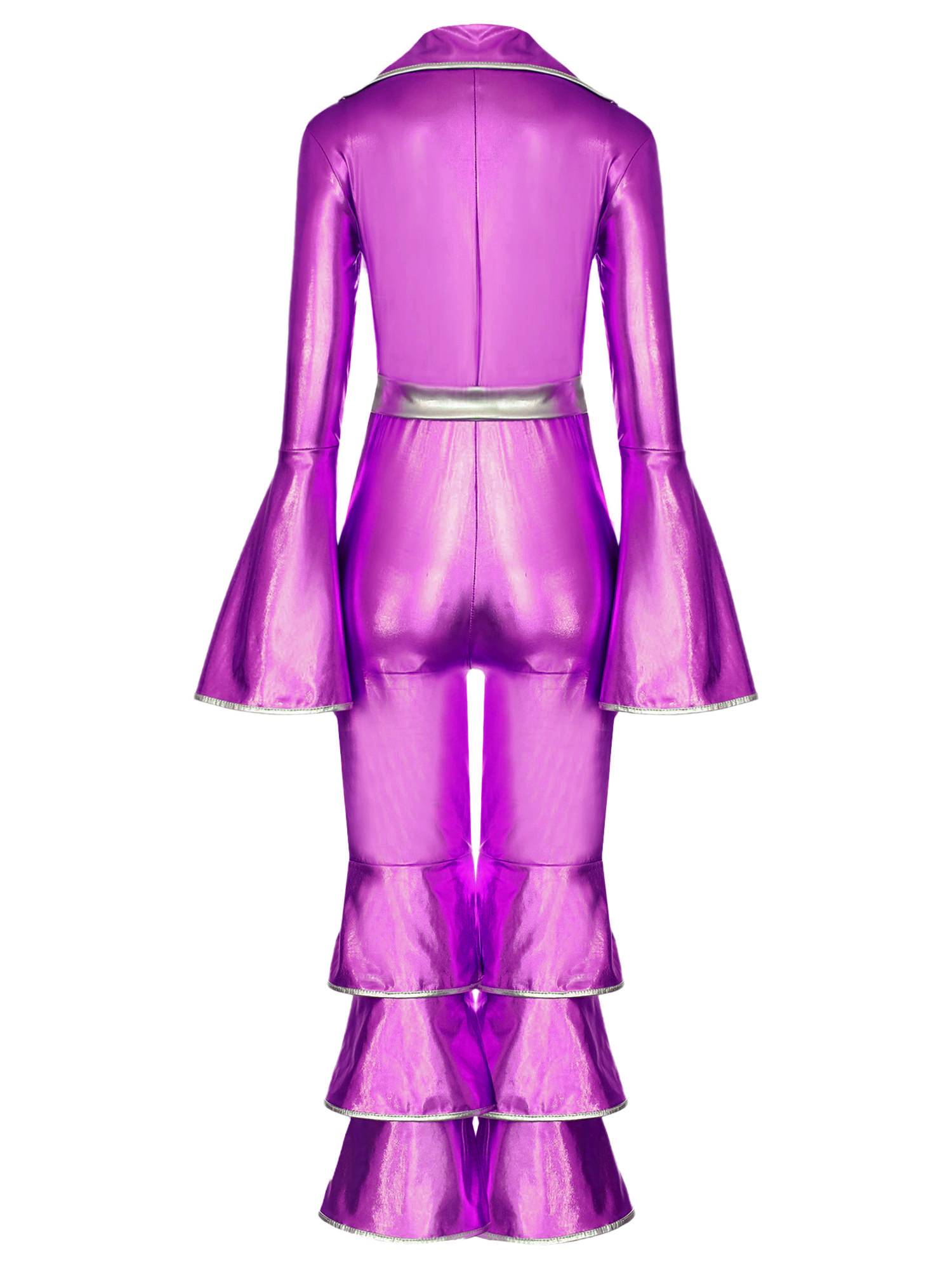 Kids Girls 70s Disco Costume Long Sleeve Bell Bottom Zipper Jumpsuit