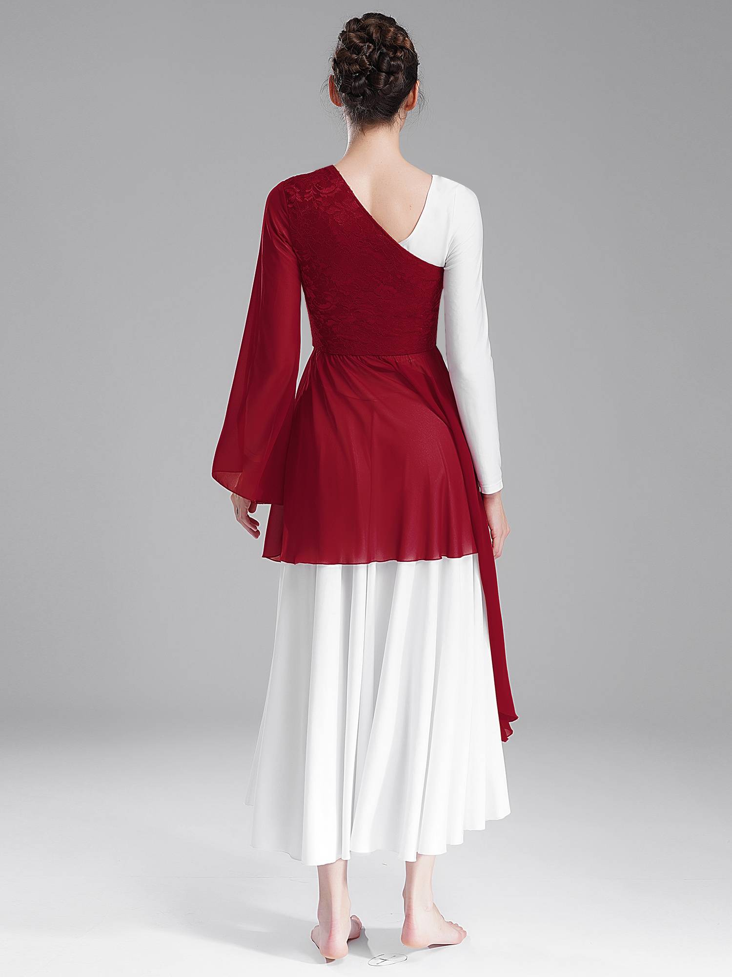 Women Floral Lace One Shoulder Asymmetrical Chiffon Praise Dance Dress