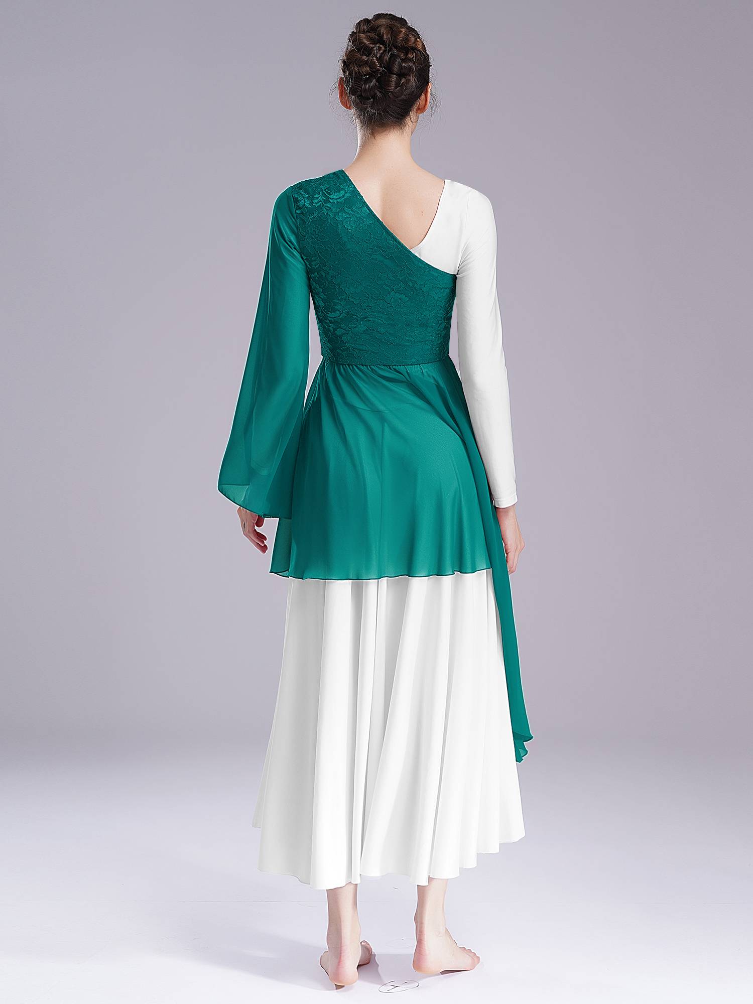 Women Floral Lace One Shoulder Asymmetrical Chiffon Praise Dance Dress