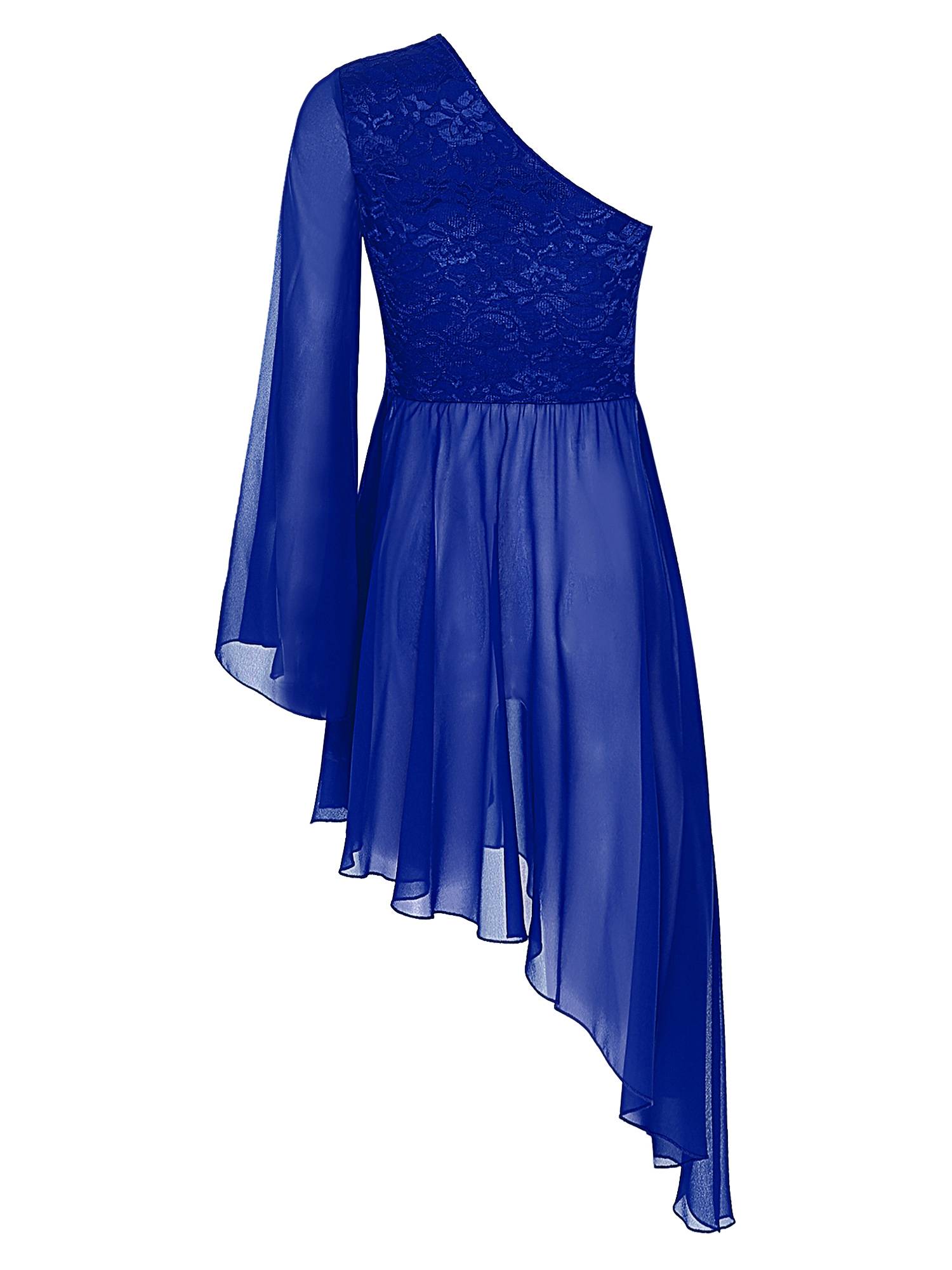 Women Floral Lace One Shoulder Asymmetrical Chiffon Praise Dance Dress