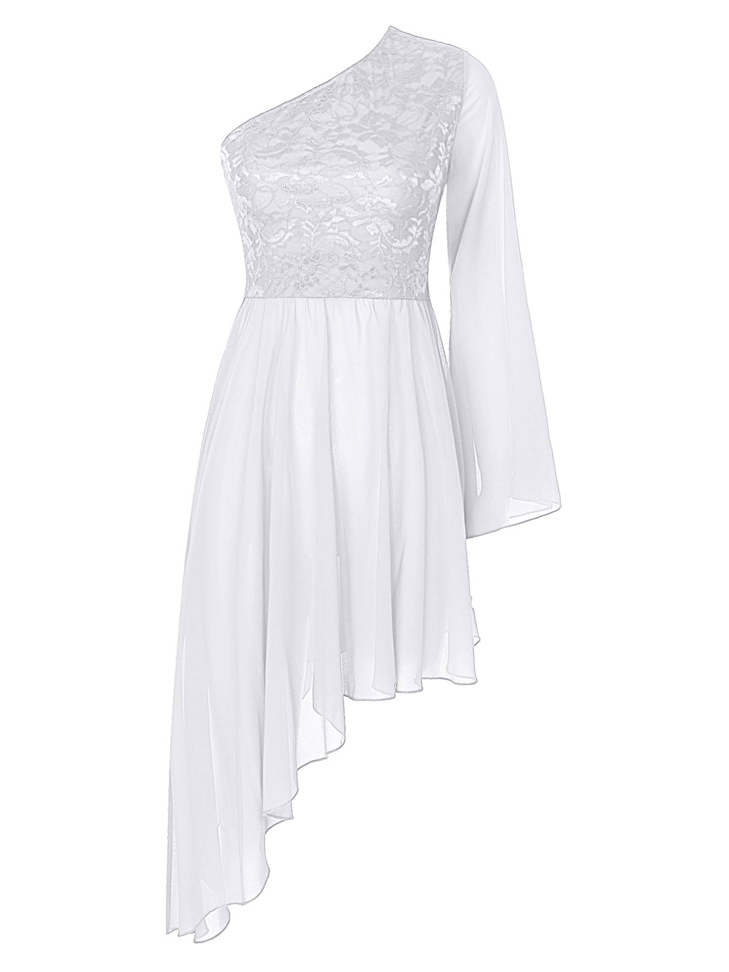 Women Floral Lace One Shoulder Asymmetrical Chiffon Praise Dance Dress