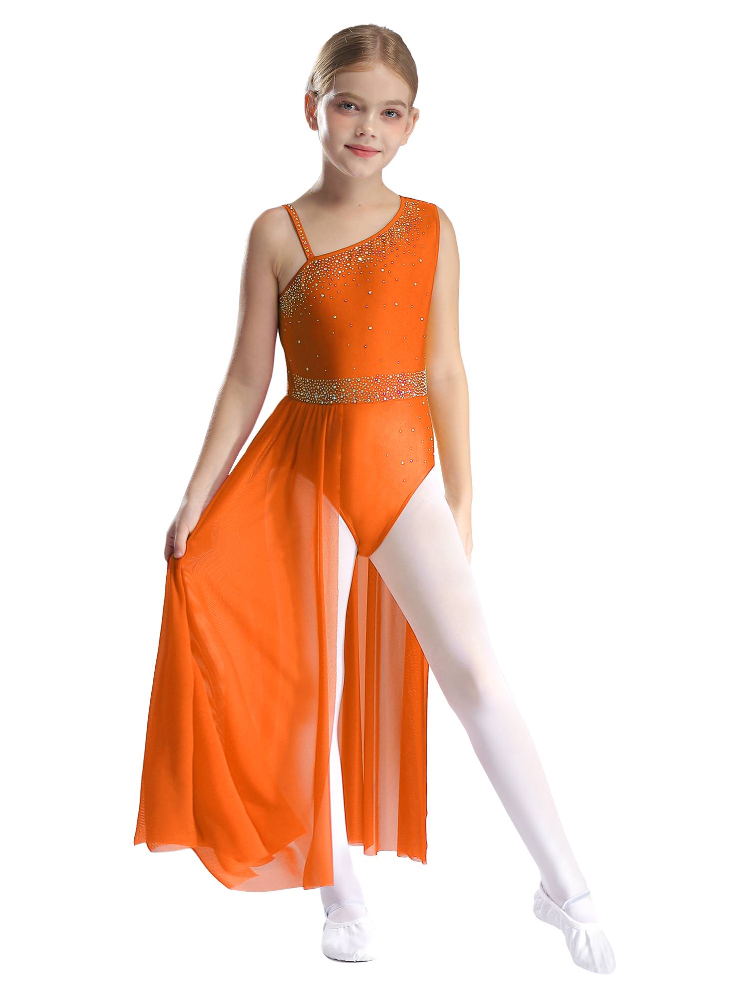 Kids Girls Shinny Rhinestones Sleeveless Lyrical Dance Leotard Dress