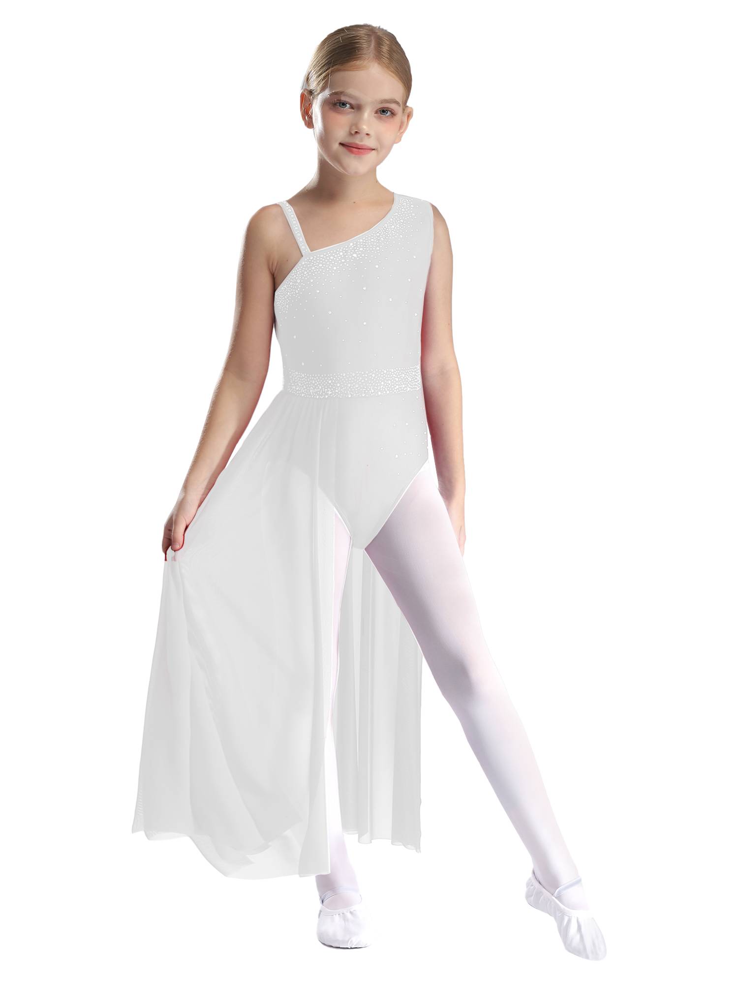 Kids Girls Shinny Rhinestones Sleeveless Lyrical Dance Leotard Dress