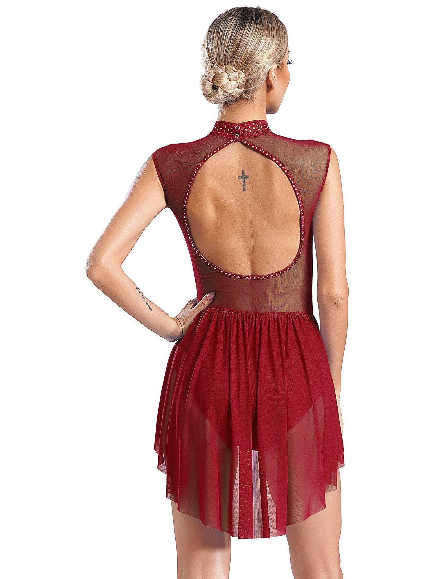 Women Sleeveless Backless Mesh Rhinestones Lyrical Dance Leotard Dress