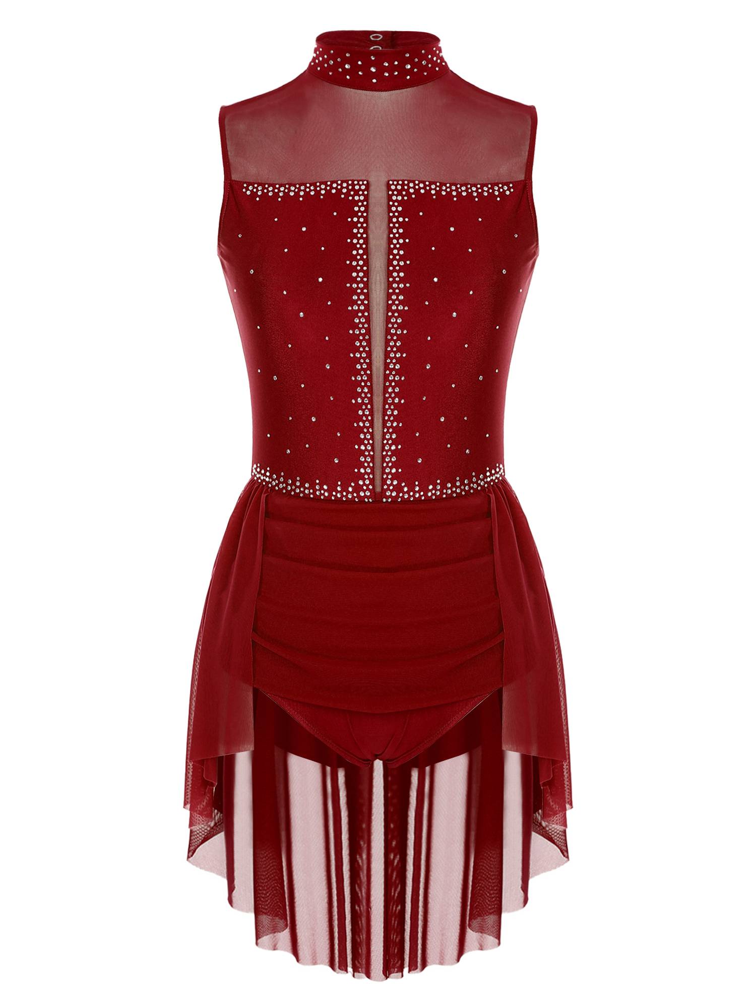 Women Sleeveless Backless Mesh Rhinestones Lyrical Dance Leotard Dress