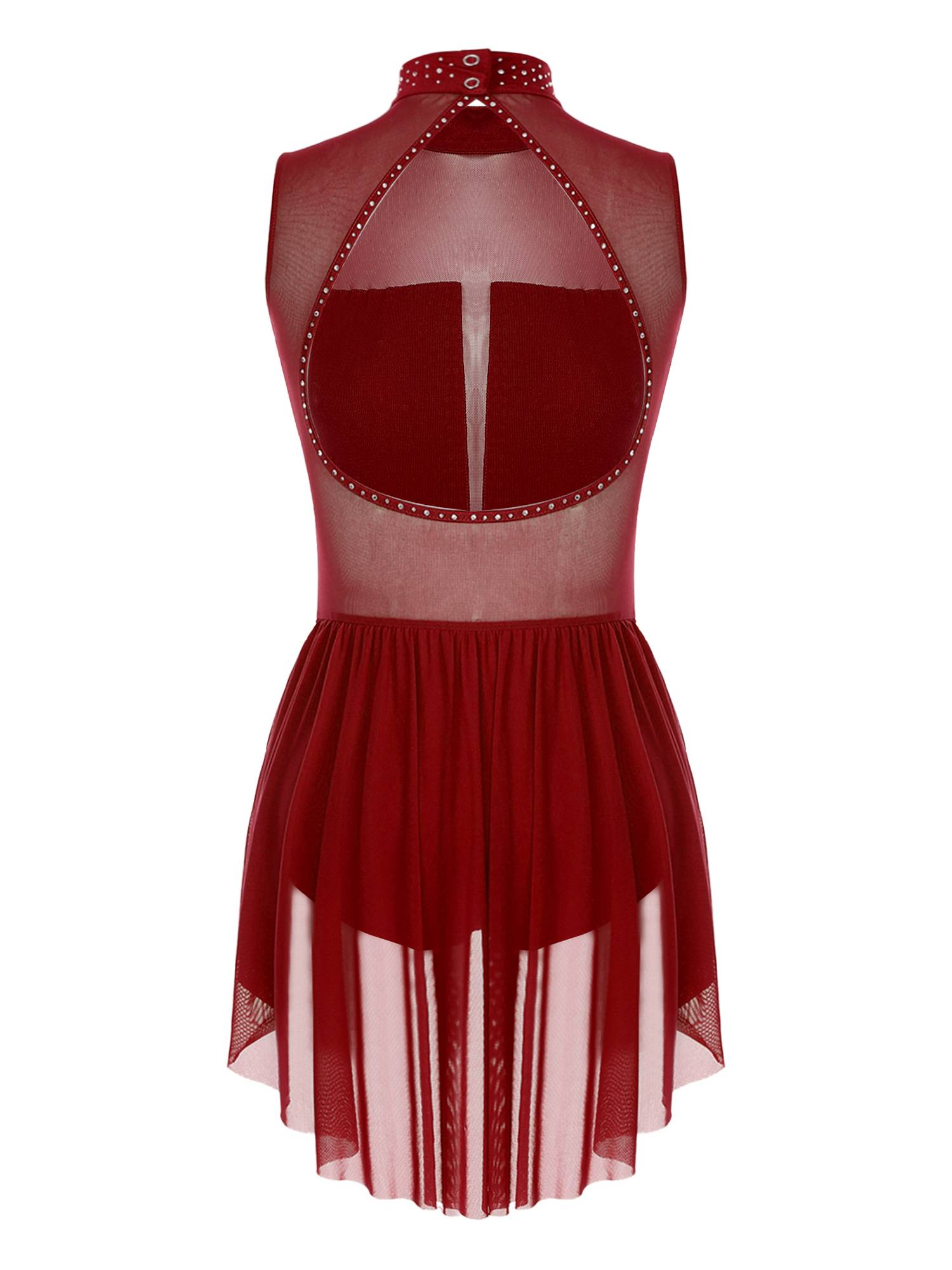Women Sleeveless Backless Mesh Rhinestones Lyrical Dance Leotard Dress