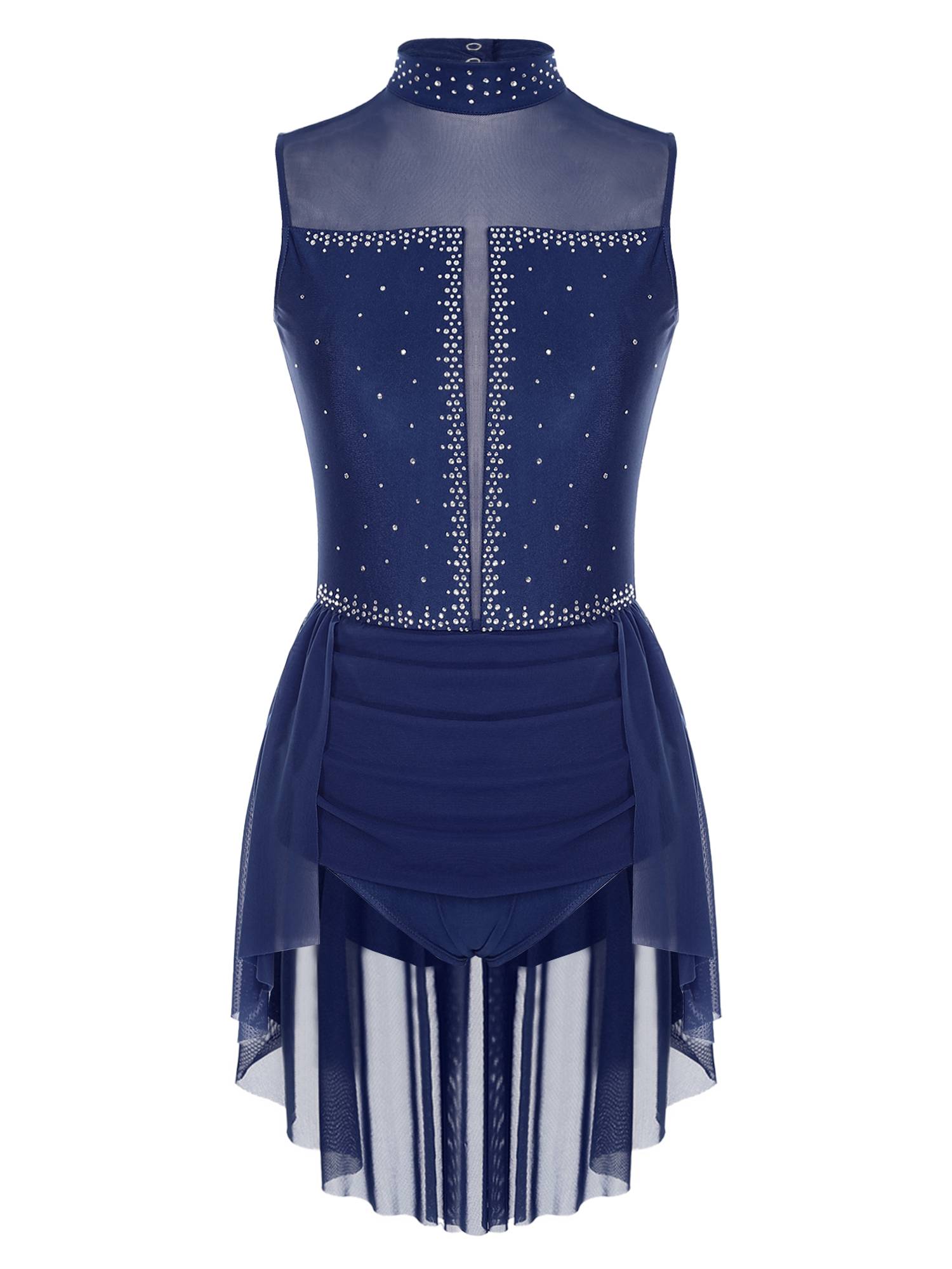 Women Sleeveless Backless Mesh Rhinestones Lyrical Dance Leotard Dress