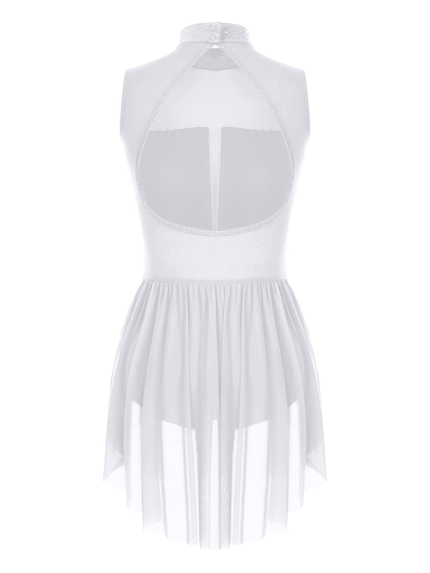 Women Sleeveless Backless Mesh Rhinestones Lyrical Dance Leotard Dress