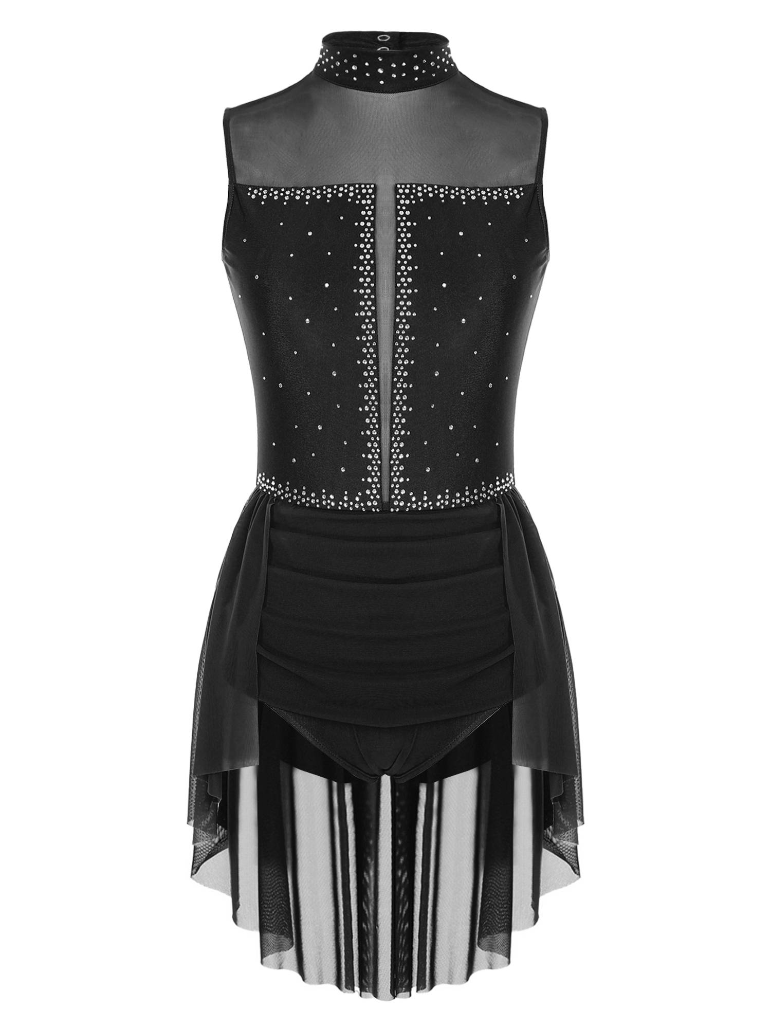 Women Sleeveless Backless Mesh Rhinestones Lyrical Dance Leotard Dress