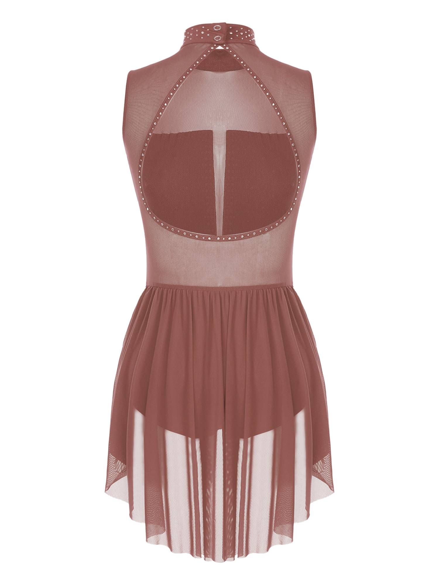 Women Sleeveless Backless Mesh Rhinestones Lyrical Dance Leotard Dress