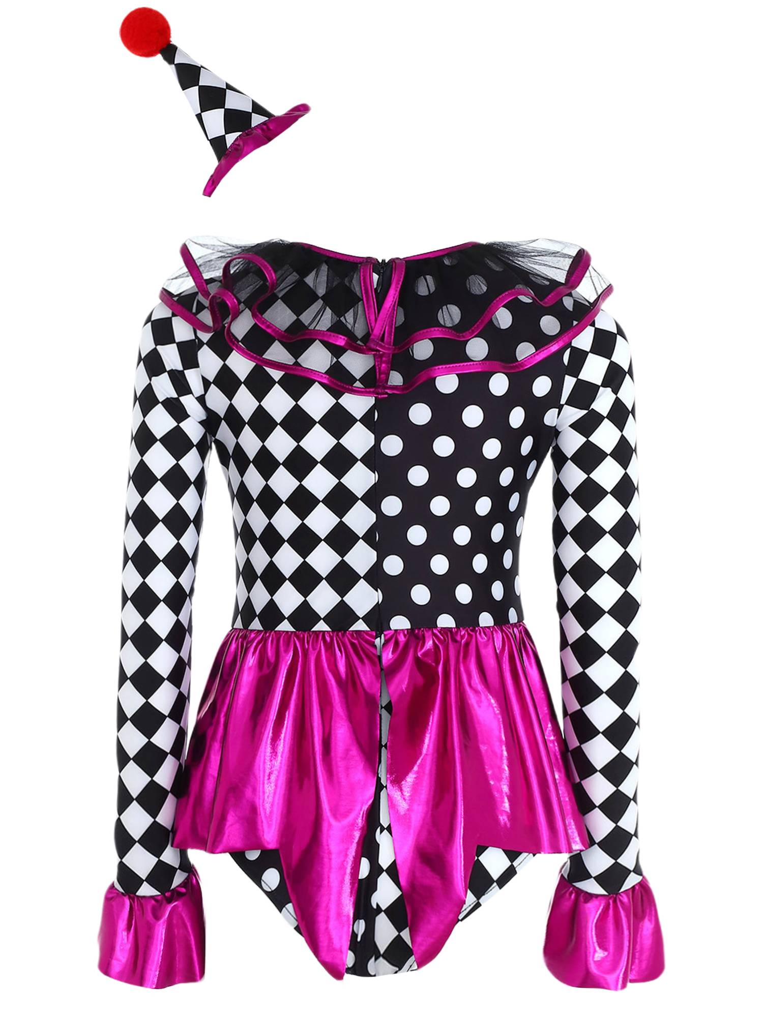 Kids Girls Circus Clown Costume Long Sleeve Checkerboard Polka Dots Bodysuit