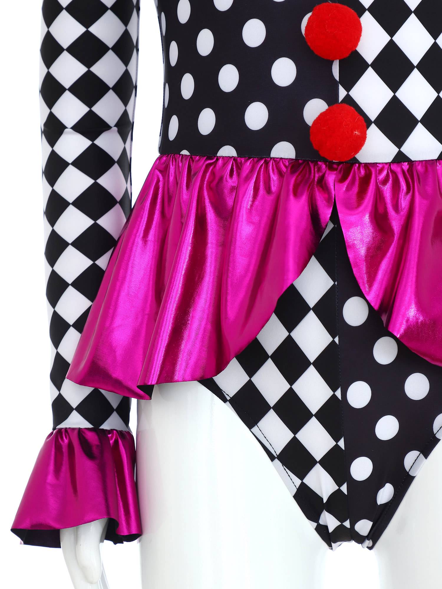 Kids Girls Circus Clown Costume Long Sleeve Checkerboard Polka Dots Bodysuit