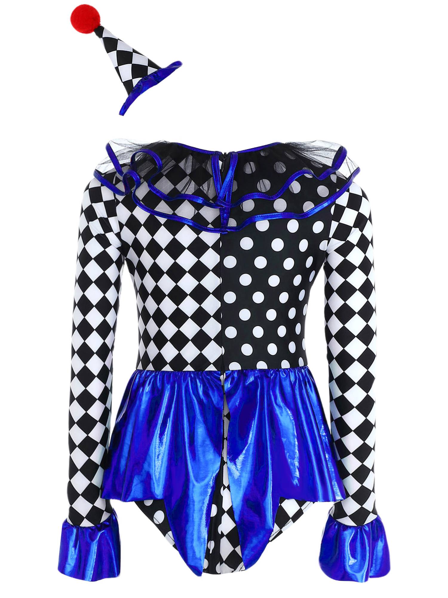 Kids Girls Circus Clown Costume Long Sleeve Checkerboard Polka Dots Bodysuit