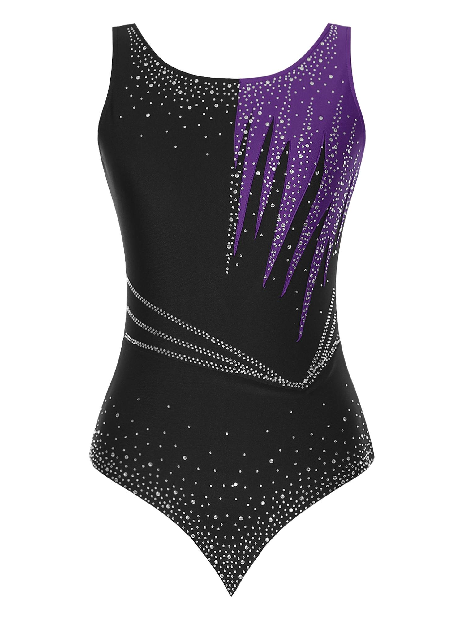Women Sleeveless Scoop Neck Shiny Rhinestones Gymnastics Leotard