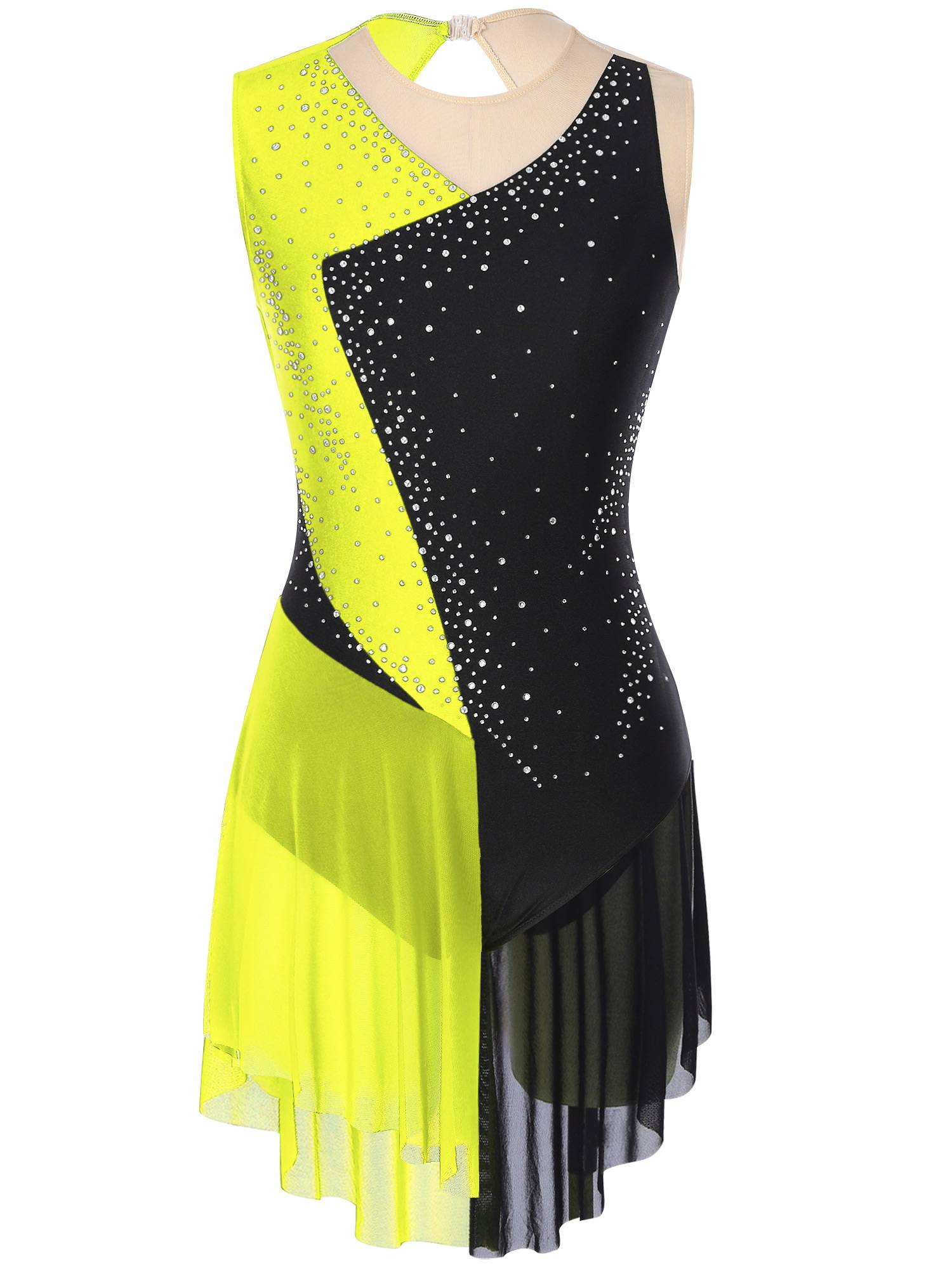 Women Sleeveless Round Neck Rhinestones Colorblock Figure Skating Leotard