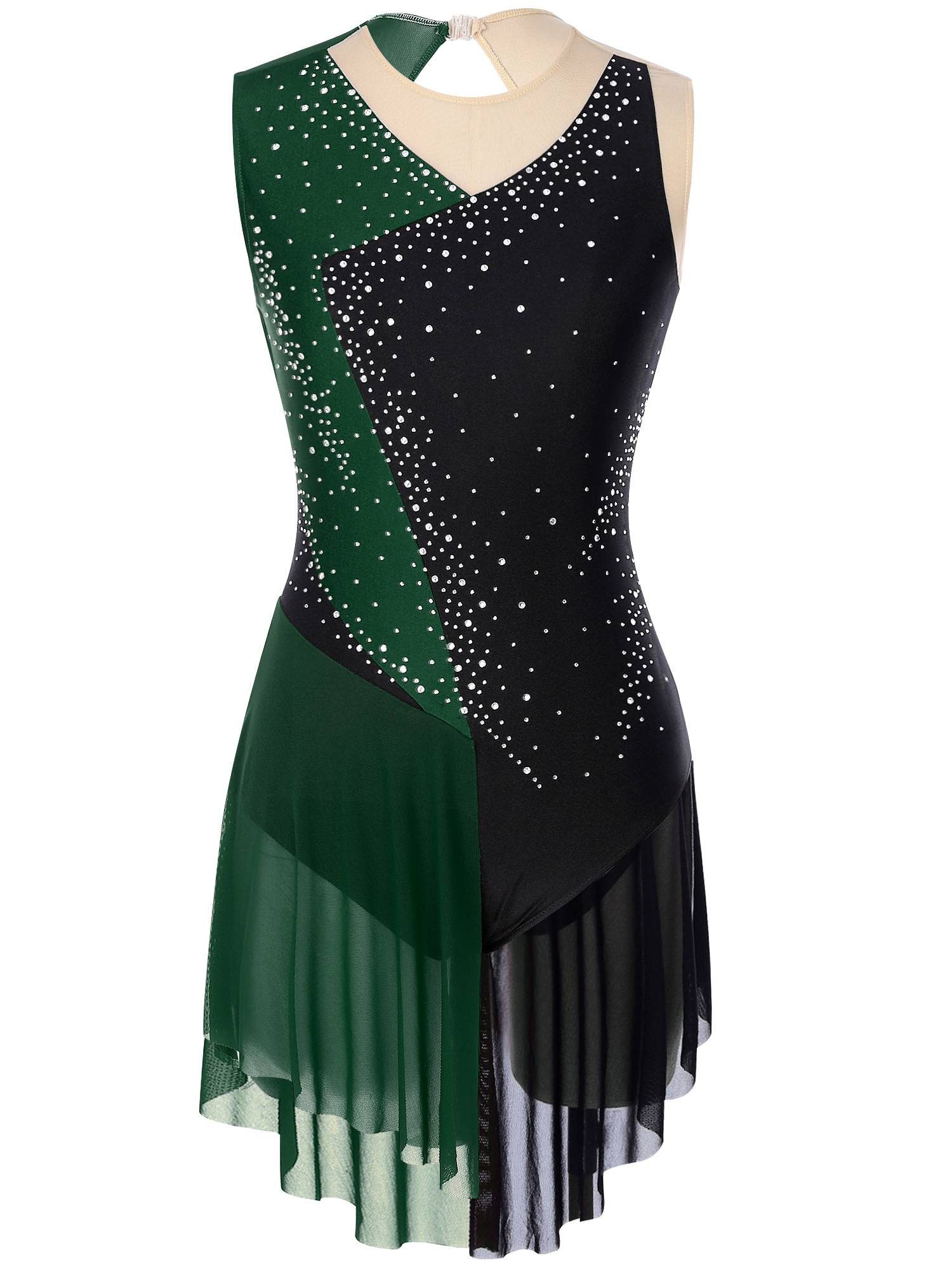 Women Sleeveless Round Neck Rhinestones Colorblock Figure Skating Leotard