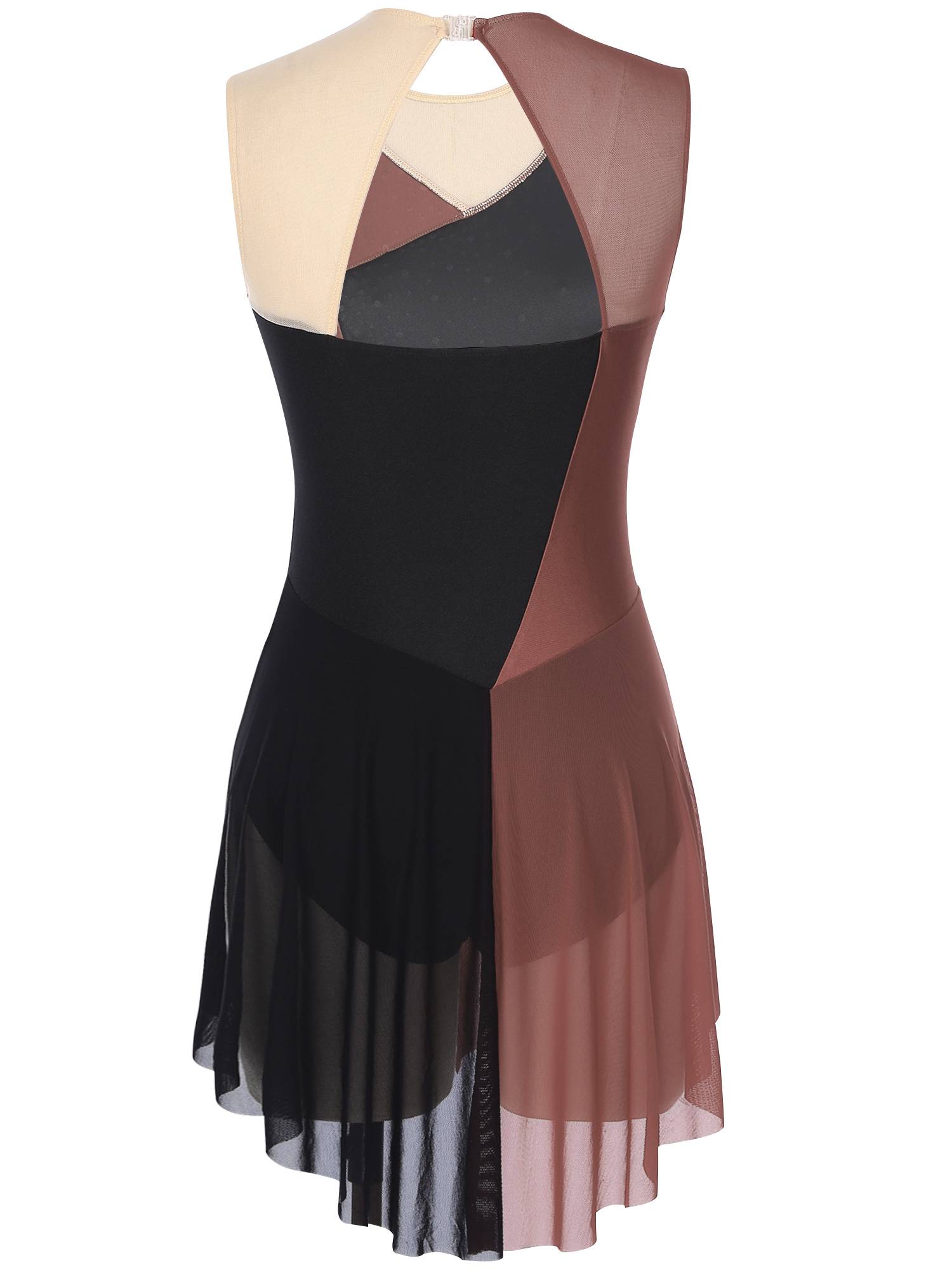 Women Sleeveless Round Neck Rhinestones Colorblock Figure Skating Leotard