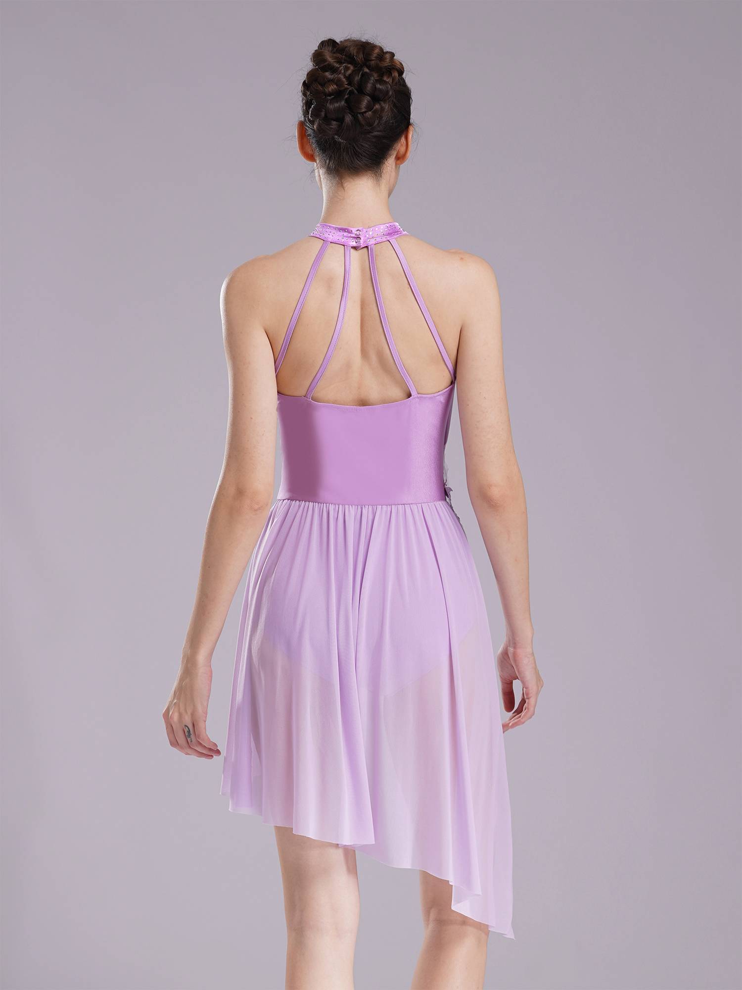 Women Sleeveless Rhinestones Asymmetrical Lyrical Dance Leotard Dress