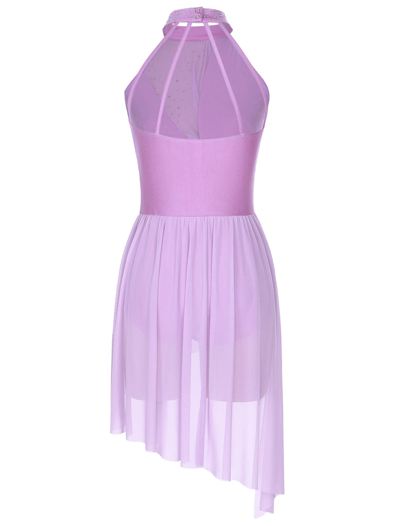 Women Sleeveless Rhinestones Asymmetrical Lyrical Dance Leotard Dress