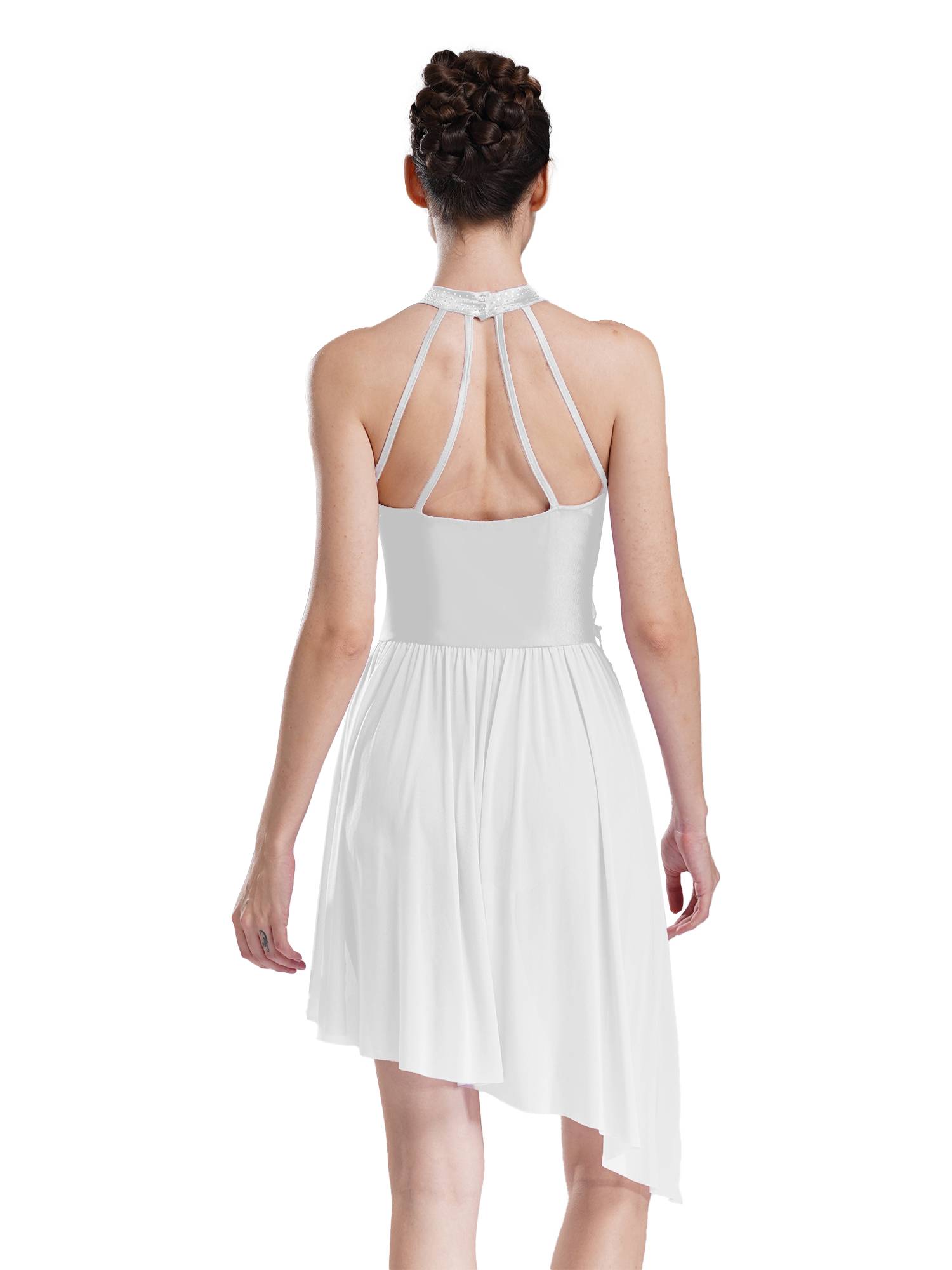 Women Sleeveless Rhinestones Asymmetrical Lyrical Dance Leotard Dress