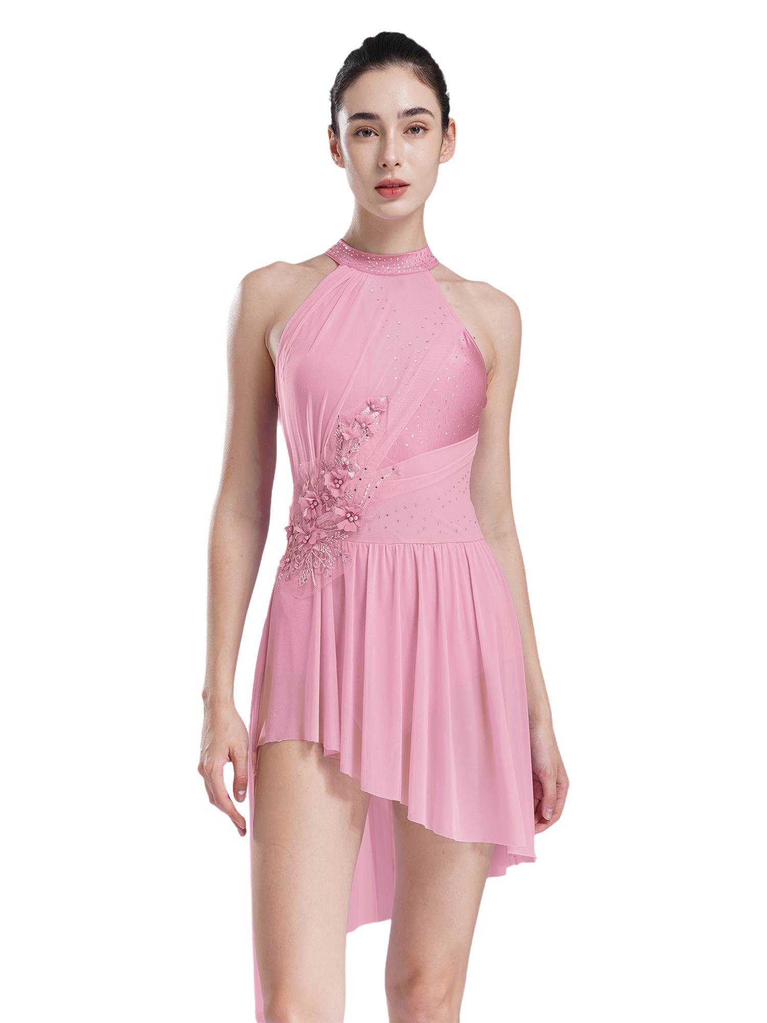 Women Sleeveless Rhinestones Asymmetrical Lyrical Dance Leotard Dress