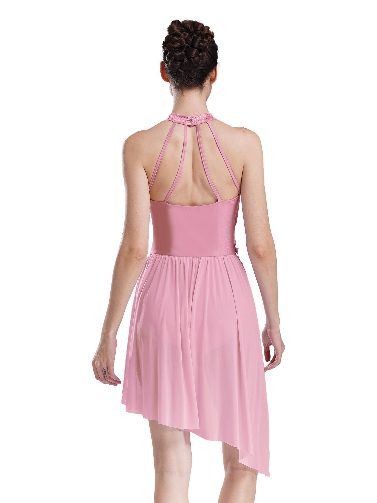 Women Sleeveless Rhinestones Asymmetrical Lyrical Dance Leotard Dress