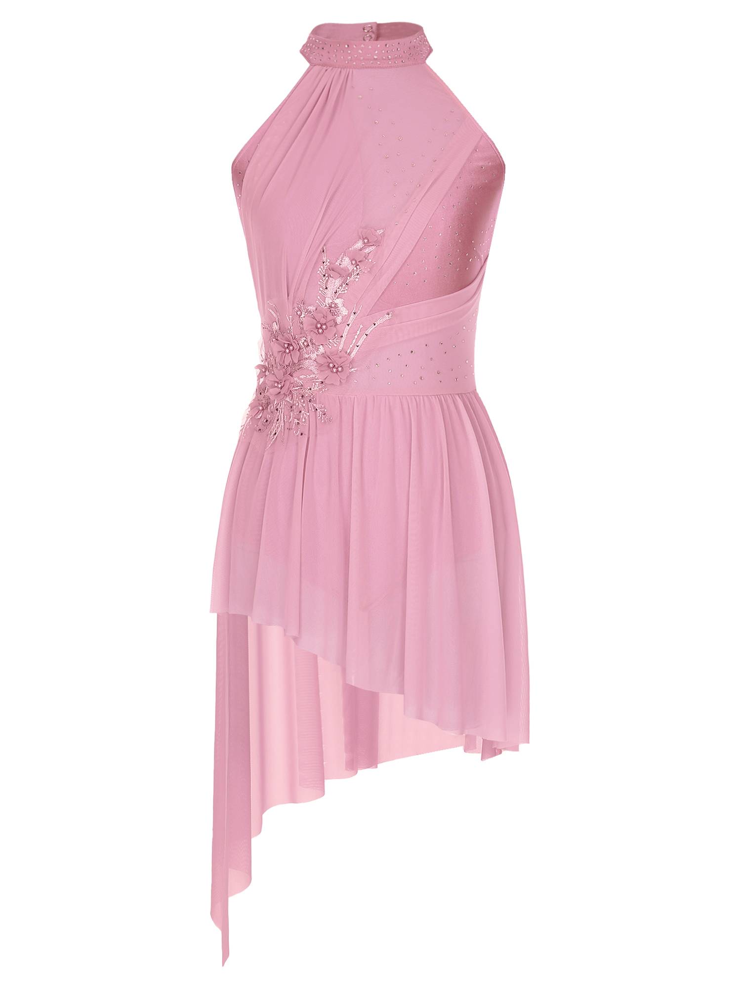 Women Sleeveless Rhinestones Asymmetrical Lyrical Dance Leotard Dress