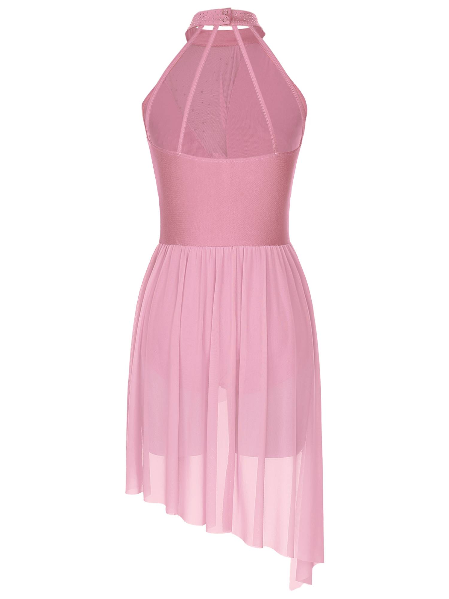 Women Sleeveless Rhinestones Asymmetrical Lyrical Dance Leotard Dress