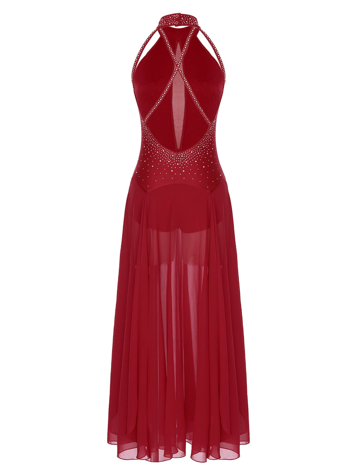 Women Halter Neck Backless Shiny Rhinestones Side Slit Lyrical Dance Dress