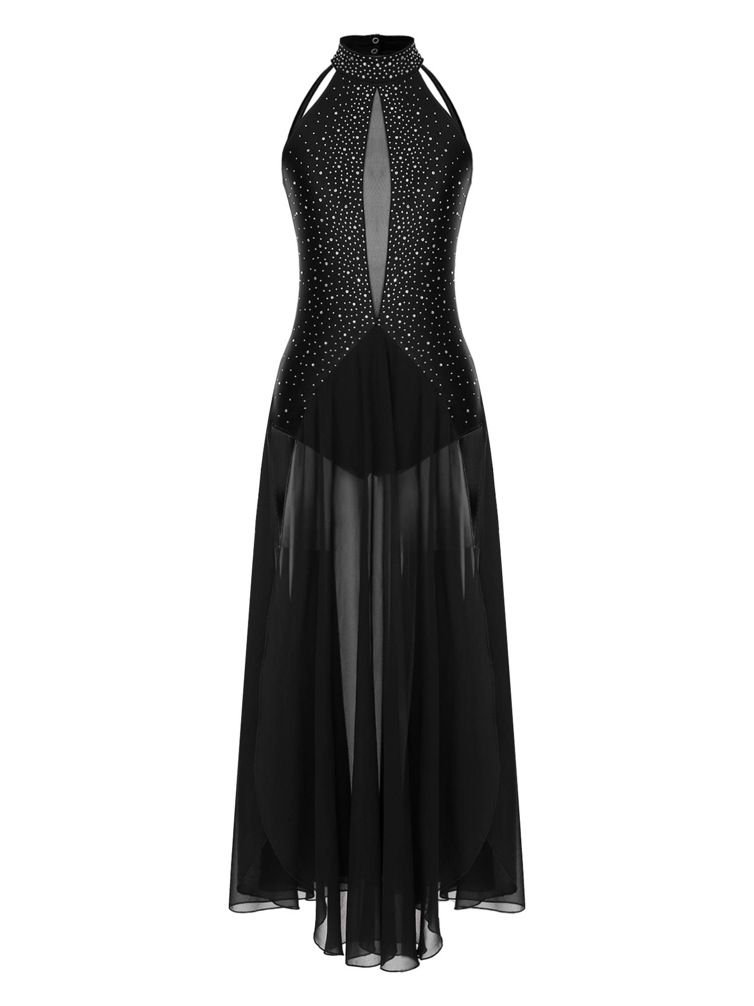 Women Halter Neck Backless Shiny Rhinestones Side Slit Lyrical Dance Dress