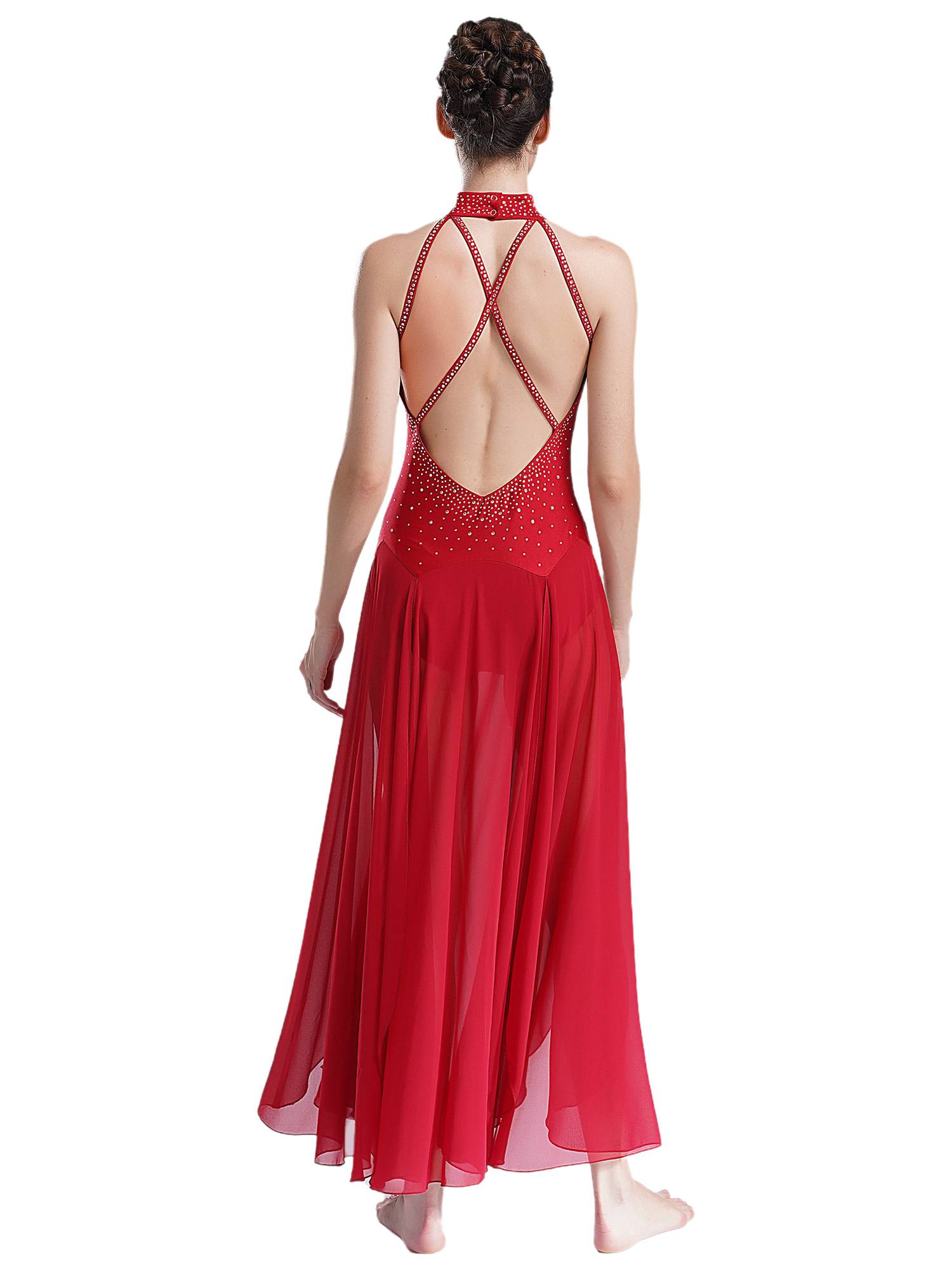 Women Halter Neck Backless Shiny Rhinestones Side Slit Lyrical Dance Dress