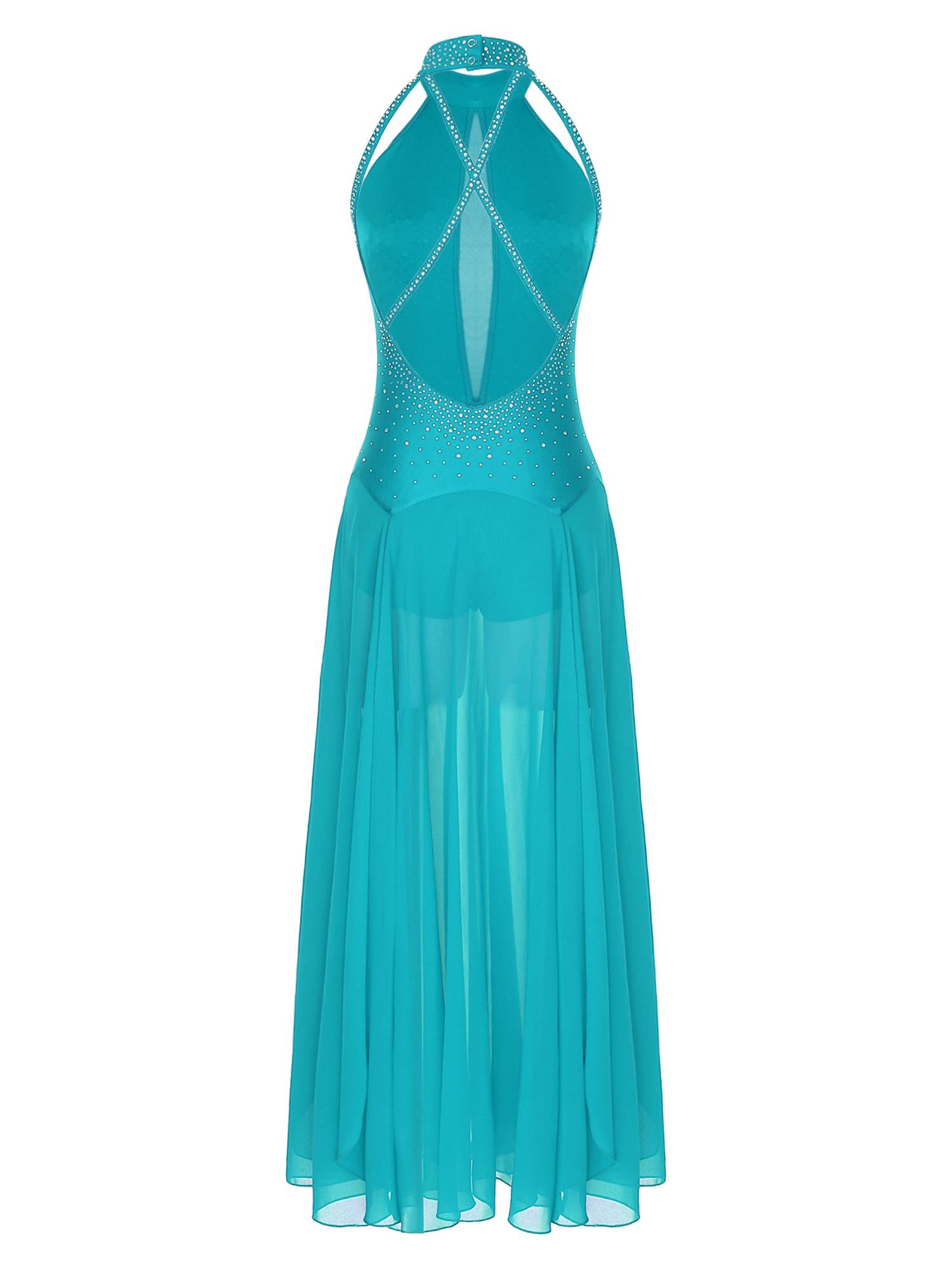 Women Halter Neck Backless Shiny Rhinestones Side Slit Lyrical Dance Dress