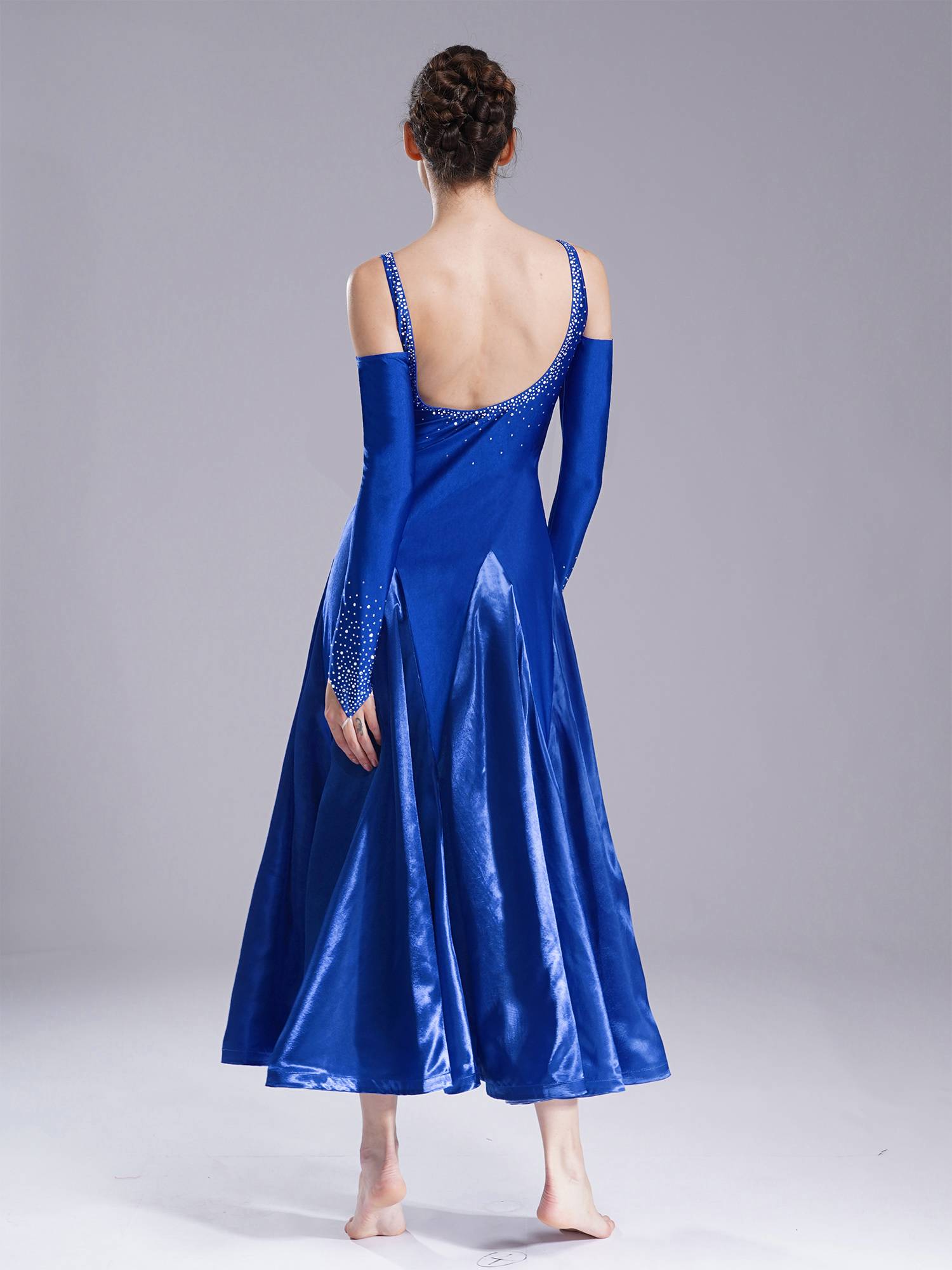 Women Scoop Neck Cold Shoulder Rhinestones A-line Contemporary Dance Dress