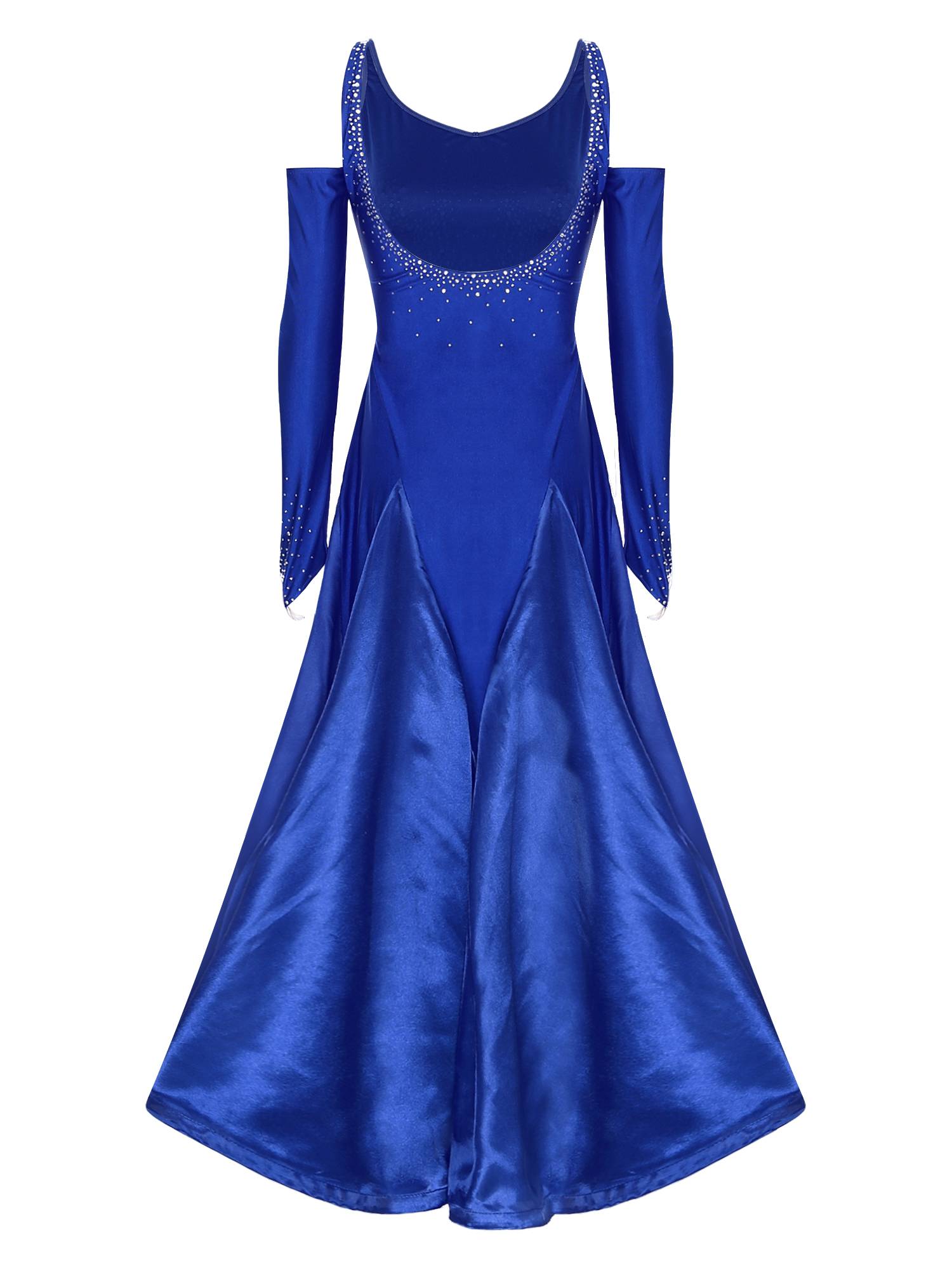 Women Scoop Neck Cold Shoulder Rhinestones A-line Contemporary Dance Dress